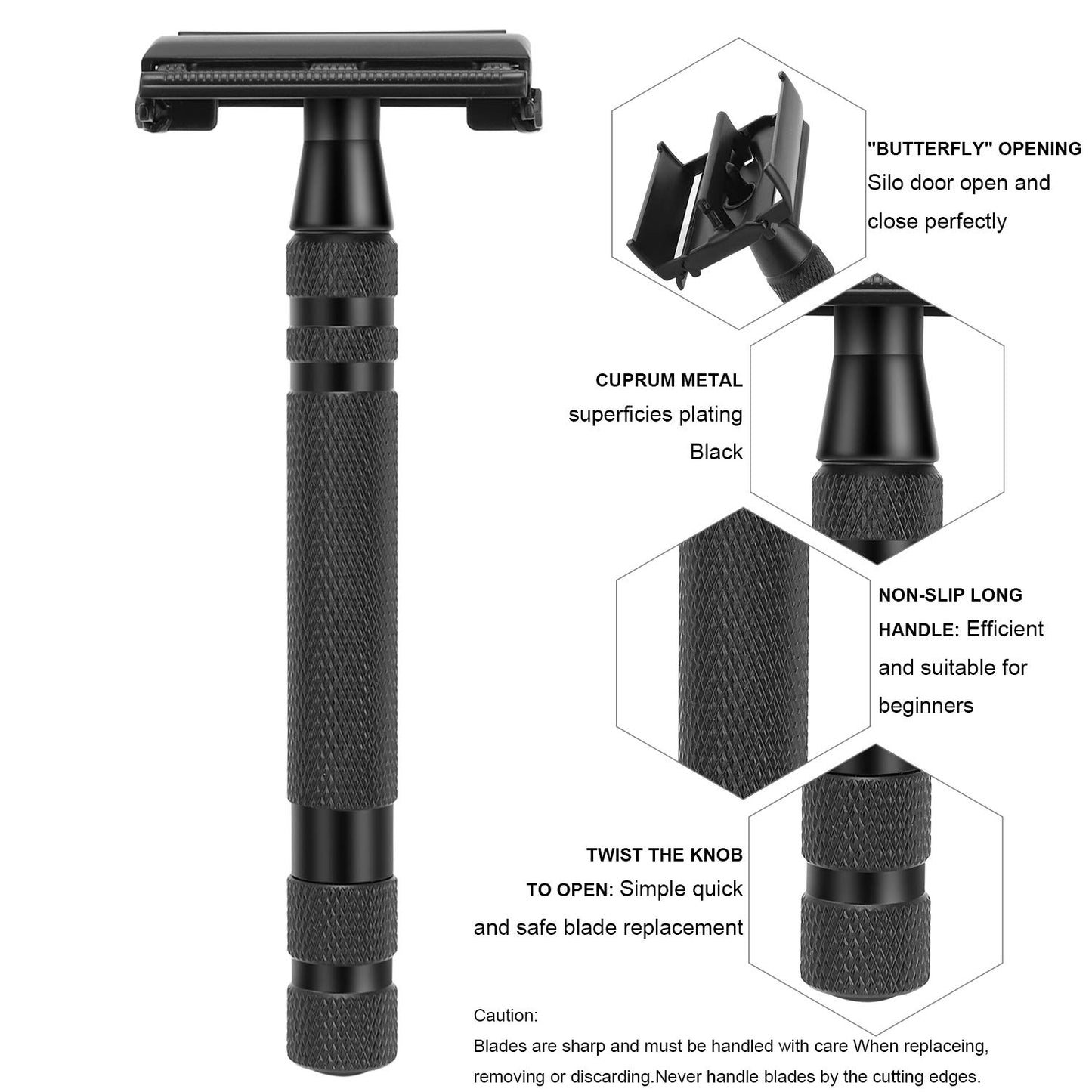 Amazing Safety Razor Shave Kit - Mysterious Black Men's Shaving & Grooming Sets - Butterfly Open Safety Razor,Friendly Brush,Great Shaving Stand,Shaving Soap Bowl, Super Stainless Blades