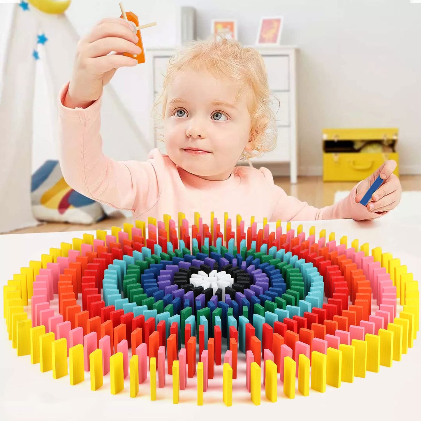 1000 PCS Dominoes Set for Kids Wooden Building Blocks 10 Colors Bulk Dominoes Racing Tile Games Educational Toy for Kids Birthday Party with 26 Add-on Blocks and 1 Storage Bag