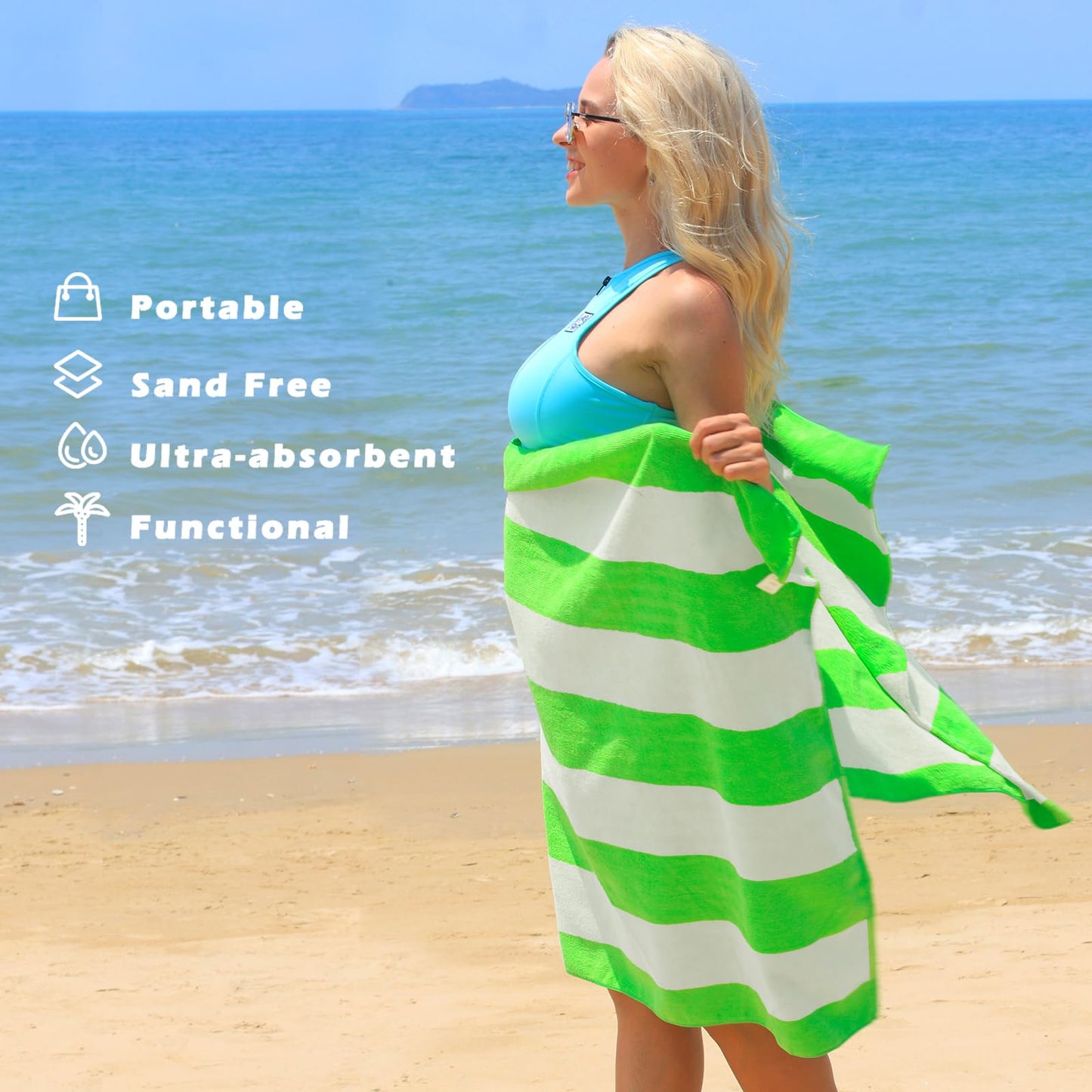 Exclusivo Mezcla 4 Pack Beach Towels, Large Microfiber Striped Beach Bath Pool Towel Set for Kids and Adults, Lightweight and Absorbent, 30x60 Inches, Blue/Green/Yellow/Pink