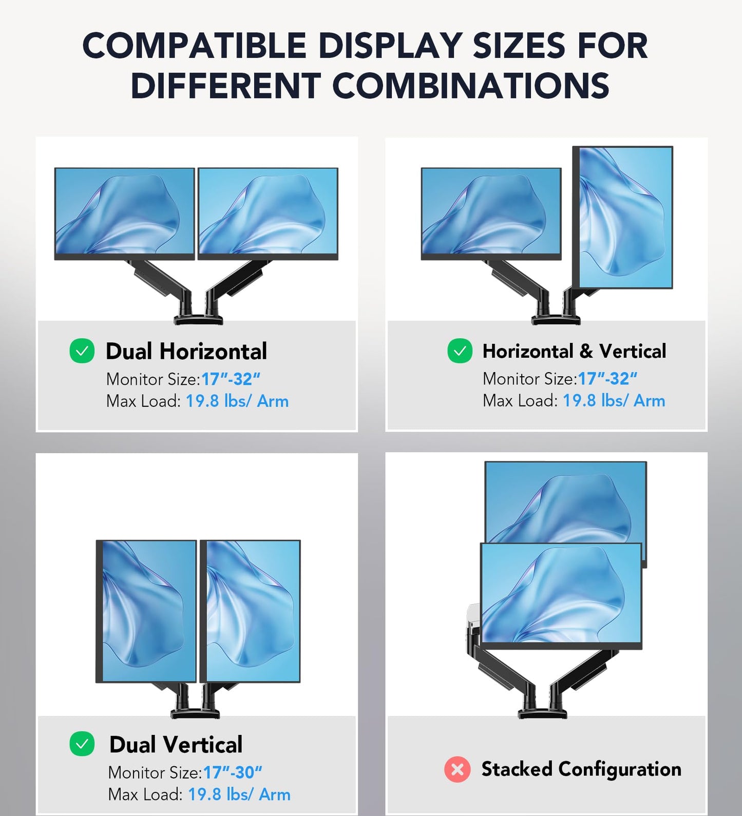AX WABER Dual Monitor Stand, Adjustable Monitor Desk Mount for 17″–32″ Computer Screens, Full Motion VESA 75x75/100x100 with C-Clamp & Grommet Aluminum Base, Each Arm Holds 4.4 to 20 lbs AX09DB201