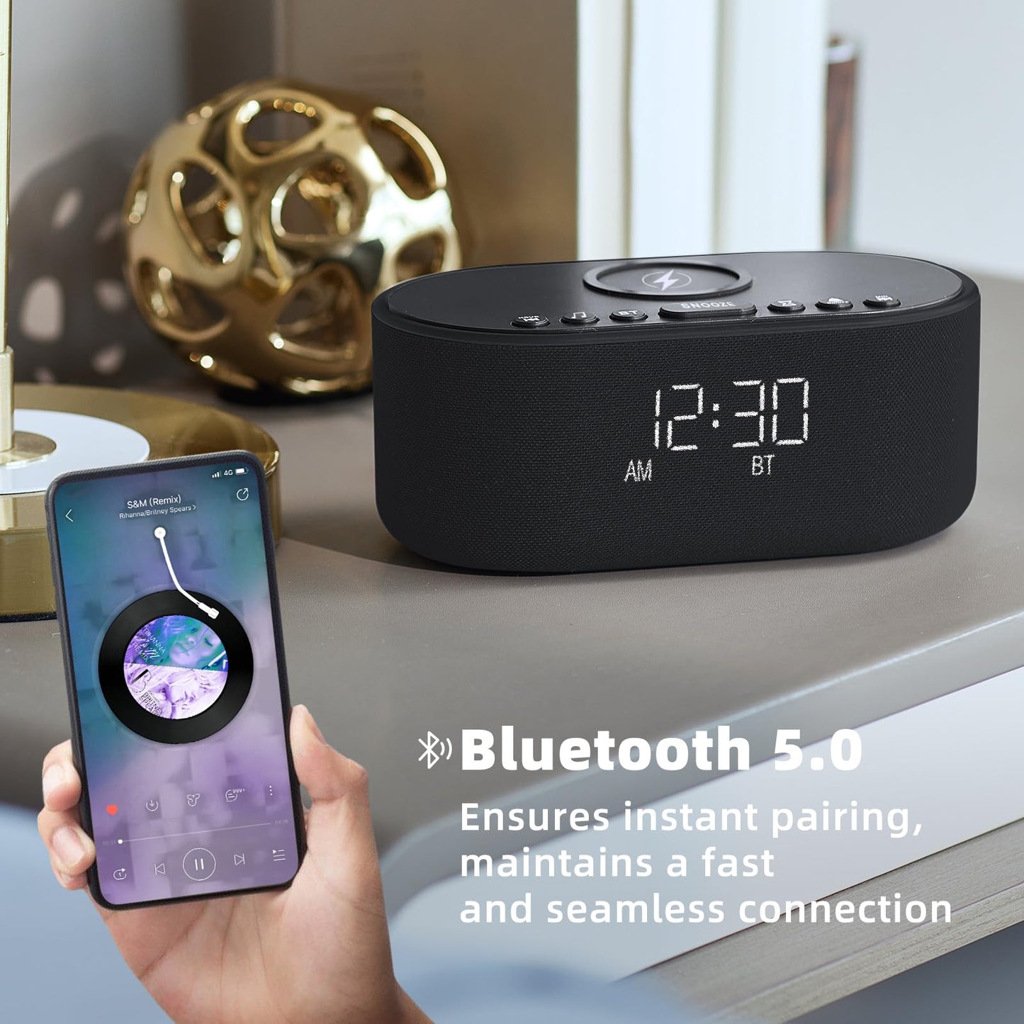 Odokee Sound Machine Alarm Clock for Bedrooms: Bluetooth 10W Stereo Sound Speaker with Wireless Charging - White Noise Machine for Sleeping with 21 Soothing Sounds - Black