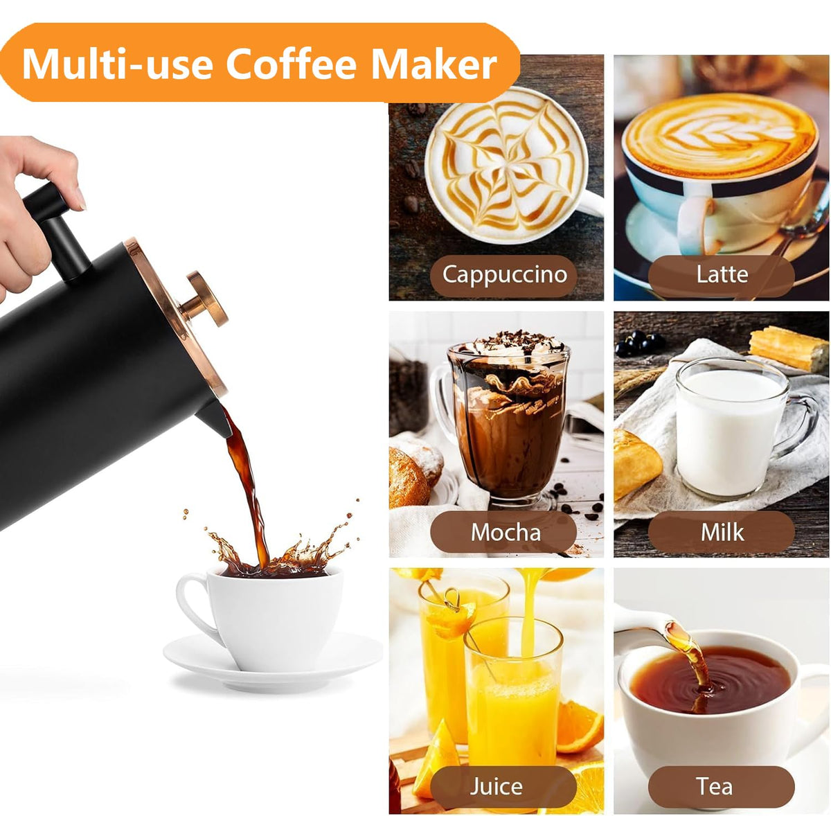 Meelio Small French Press Coffee Maker 600ml/20oz, Stainless Steel Double-Wall Insulated, 3 Level Filtration System with 2 Mesh Screens, 2-4 Cup Black for Home, Camping & Office