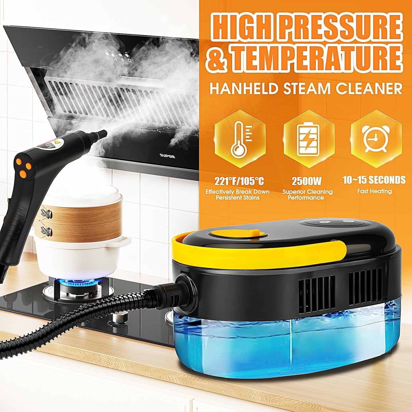 NEWBUY Steam Cleaner, Portable Handheld Steamer for Cleaning 6-Level Adjustable 2500W 40oz Water Tank Capacity for Home, Car, Bathroom, Kitchen, Tile, Grout