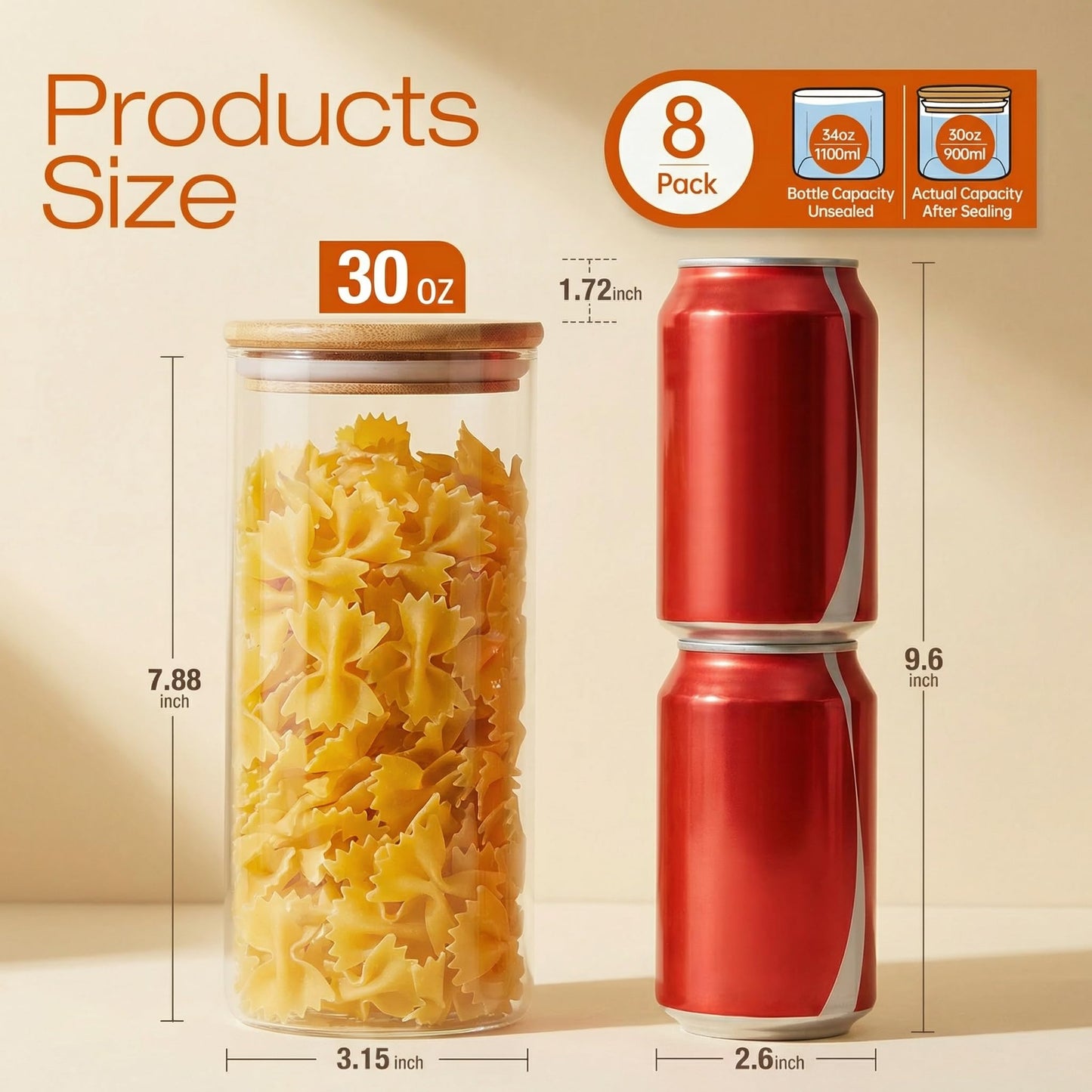 HomArtist Glass Jars with Bamboo Lids 28 floz [Set of 8], Glass Canisters with Airtight Lids, Glass Food Storage Containers for Pasta, Oats, Coffee, Flour, Sugar, Rice, Best for Kitchen & Pantry