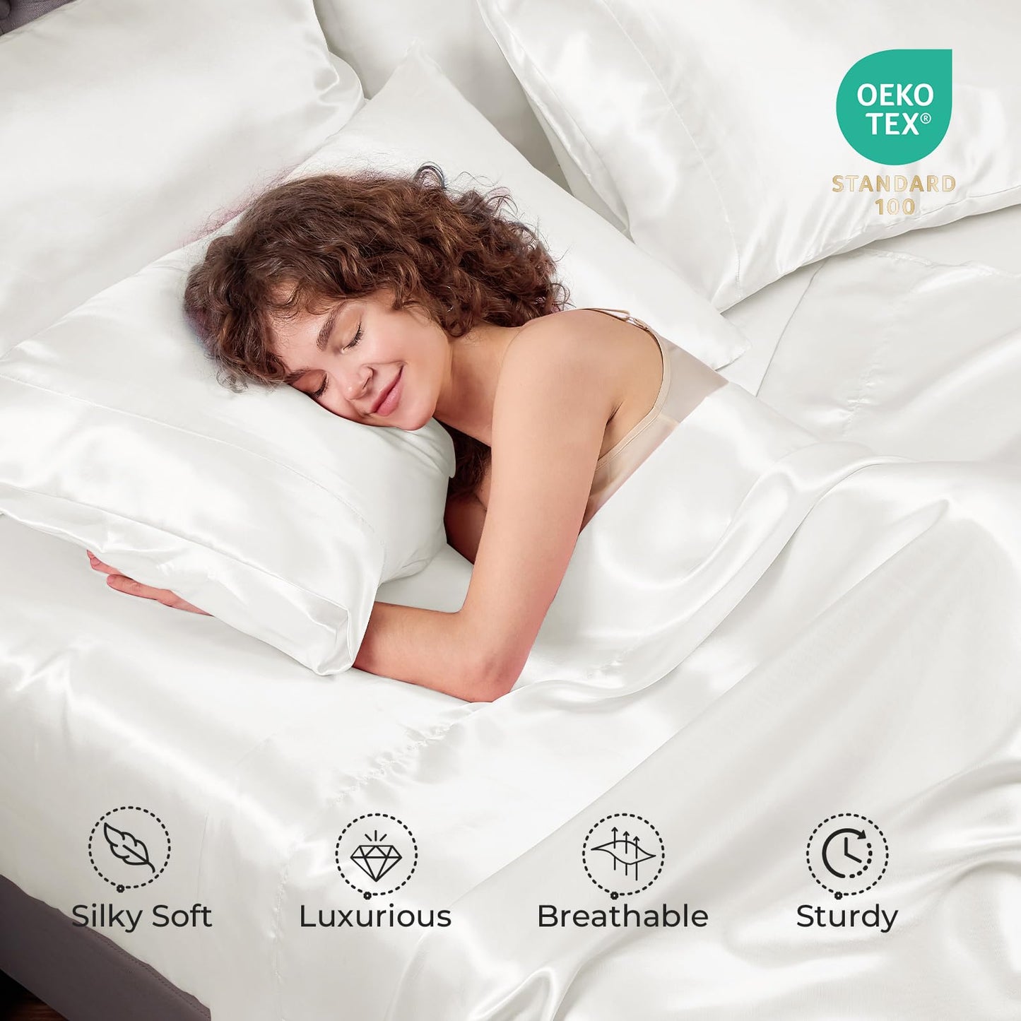 Sasttie Satin Sheets Queen - 4 Pieces Luxury Soft White Silky Bed Sheets Set with Pillowcases - Smooth Silk-Like Drap Satin Fabric, Reinforced 14 Inches Pocket, Oeko-Tex Certified