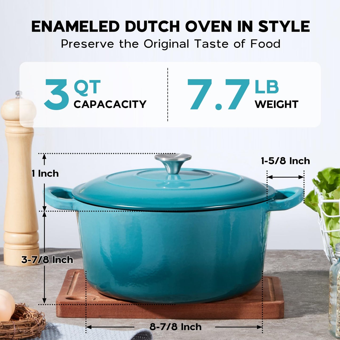 Onader Small Dutch Oven Pot with Lid, 3 Quart Round Enameled Dutch Oven for Bread Baking, Heavy Duty Cast Iron Cookware - Dark Cyan