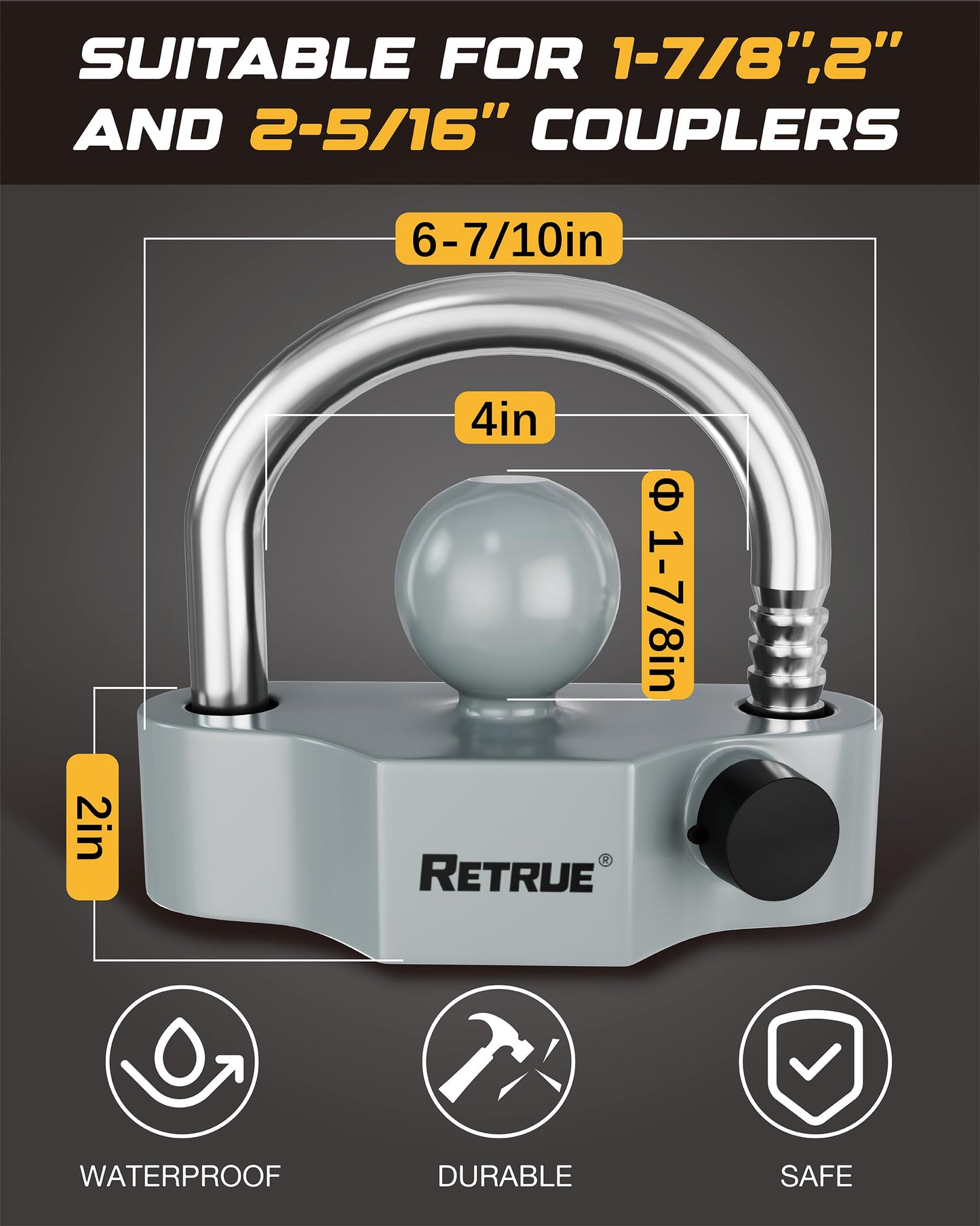 RETRUE Universal Coupler Lock Trailer Locks Ball Hitch Trailer Hitch Lock Adjustable Security Heavy-Duty Steel Fits 1-7/8 Inch, 2 Inch, 2-5/16 Inch Couplers, Grey