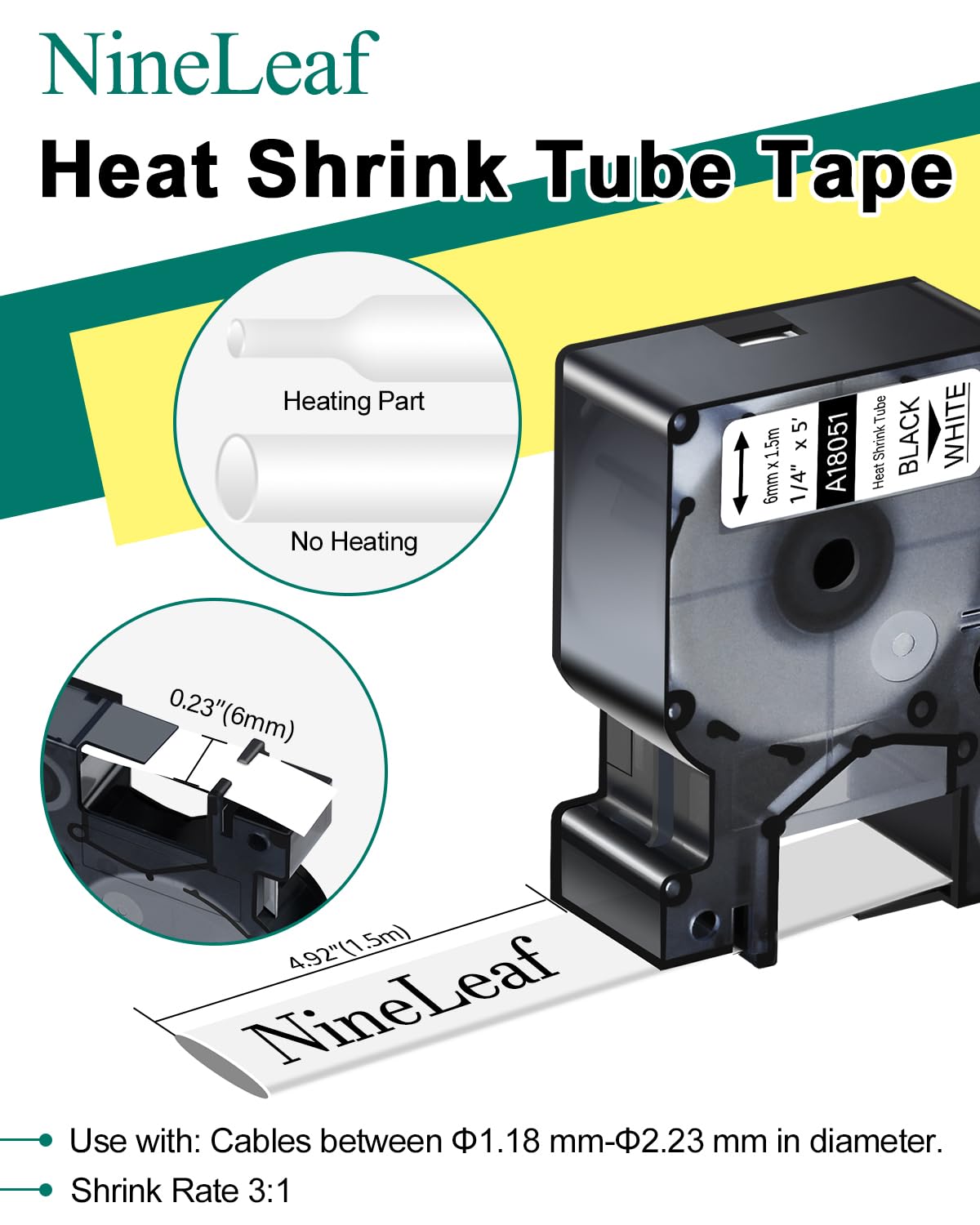 Nineleaf 10 Pack Industry Heat Shrink Tube Compatible for DYMO 18051 Rhino Label Tape 6mm 1/4" x 5ft Black on White Wire Tapes for Industrial Rhino Pro 3000 4200 5000 5200 6000 3M Label Maker