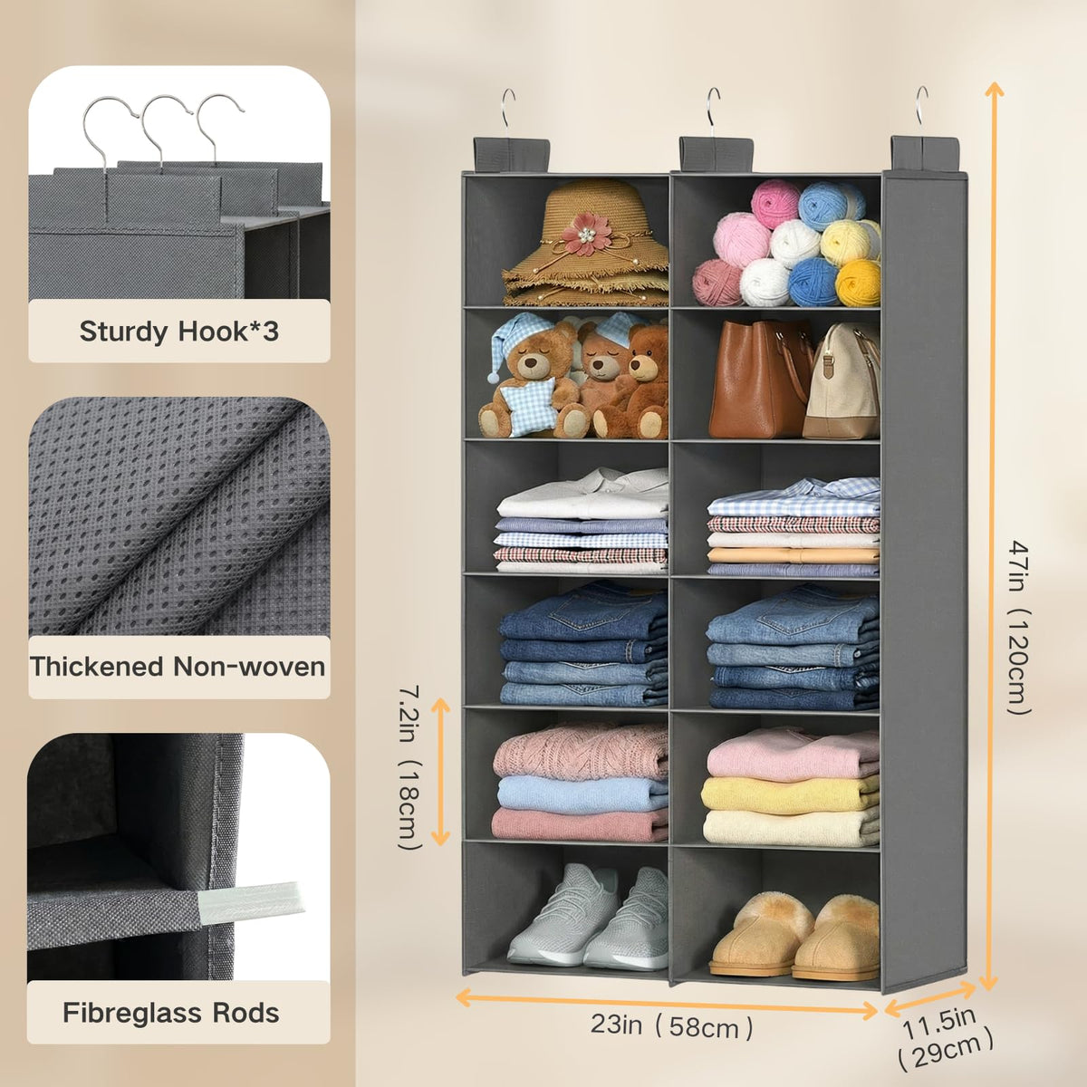 ALLTIDYUP Dual-Row Hanging Closet Organizer – Foldable Clothes Storage Shelves with 3 Hooks, Space-Saving Wardrobe Organizer for Dorm Rooms, Bedroom or Closet (Grey, 6 Tier)