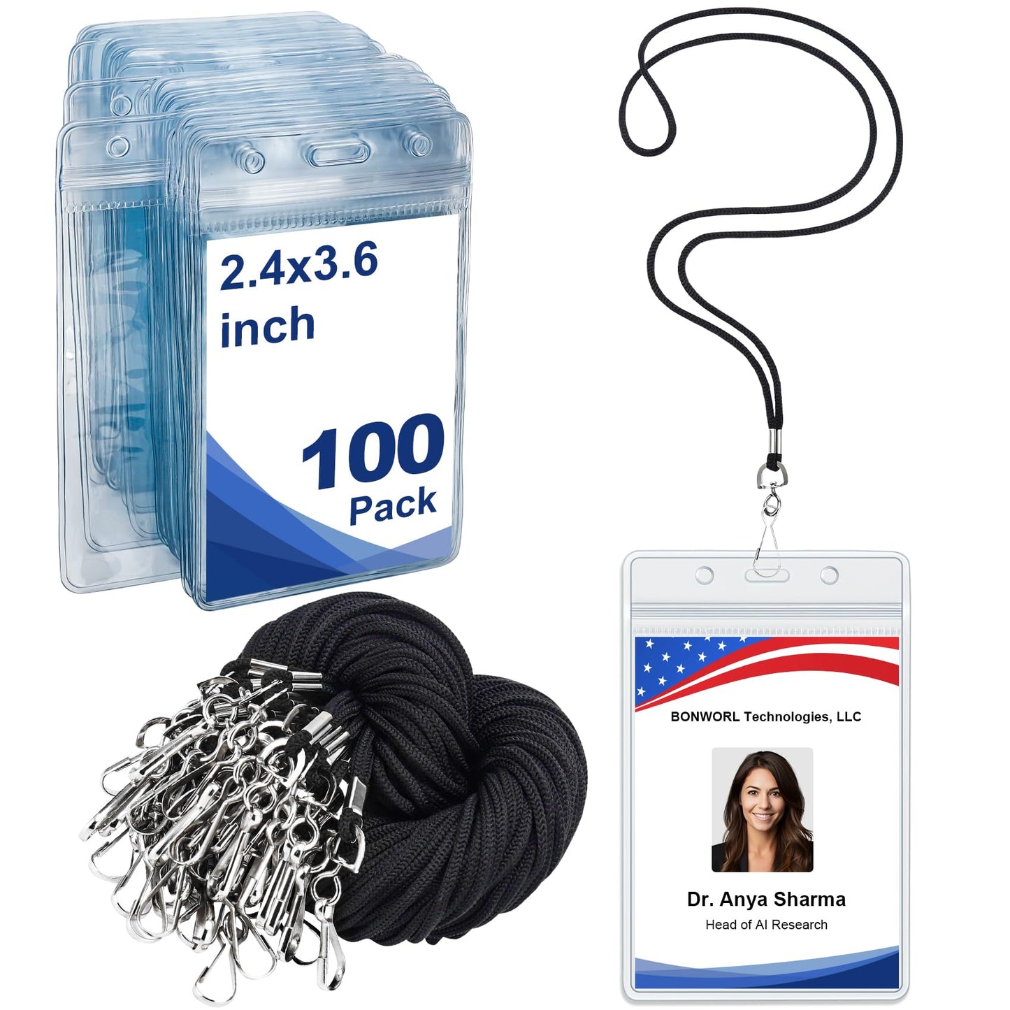 Black Lanyards and Vertical Badge Holder, 100 Pack Lanyards Bulk with Clear Waterproof ID Badge Holder, Name Badge Lanyard for Teams, Schools, Conferences, Events