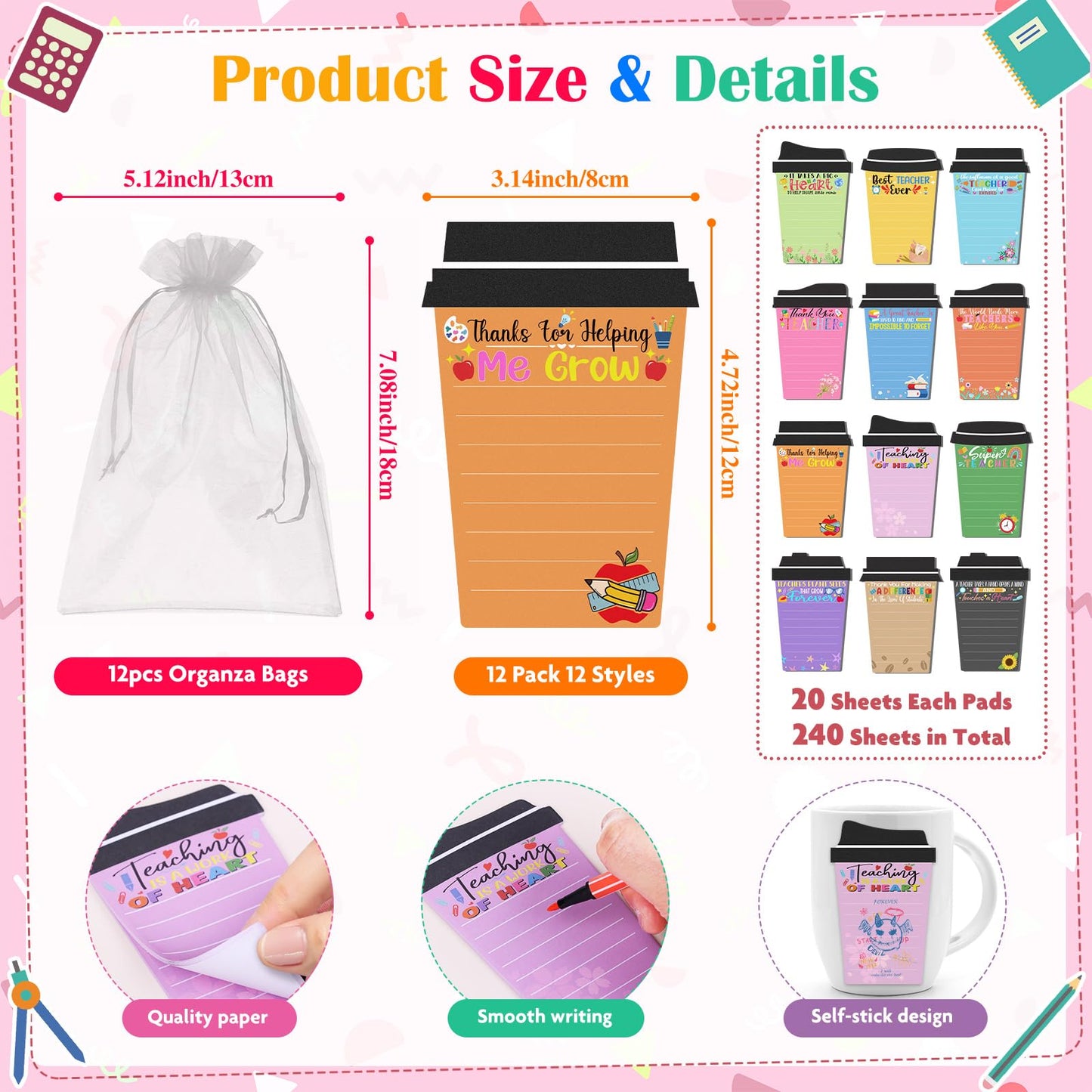 72 Pcs Teacher Appreciation Gifts Bulk Include 24 Coffee Cup Notepads Sticky Notes+ 24 Ballpoint Pens + 24 Drawstring Gift Bags, Best Teachers Gift Thank You Gift for Teachers Office Staff