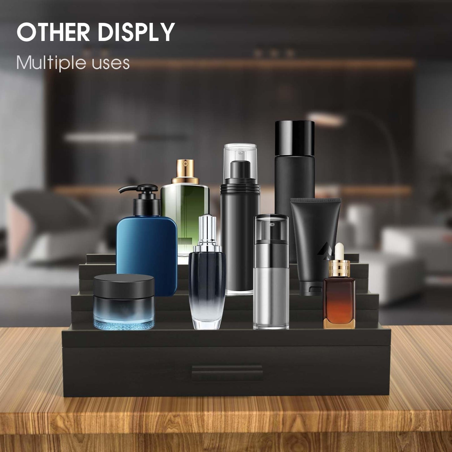 Wooden Cologne Organizer for Men, 3 Tier of Elevated Cologne Display Shelf with Drawer Storage, Perfume Organization and Storage Display Risers,Great Gift for Man (Black)