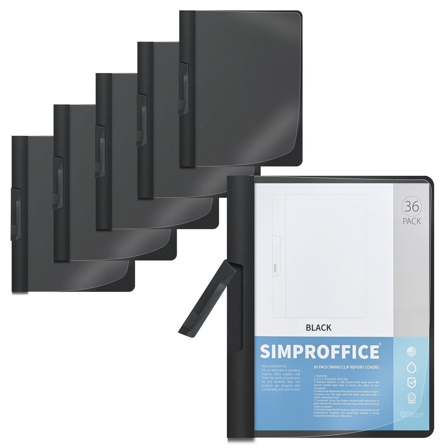 SIMPROFFICE 36 Pack Swing Clip Report Covers, Black Presentation Folders with Clip and Clear Cover, 9 x 11.4 Inches for Letter Size