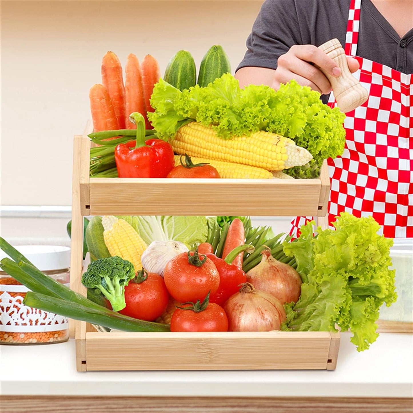Bamboo Fruit Basket, 2-Tier Storage Stand Holder for Kitchen Countertop, 11" Tall, Large Capacity Organizer for Fruits and Vegetables, Natural