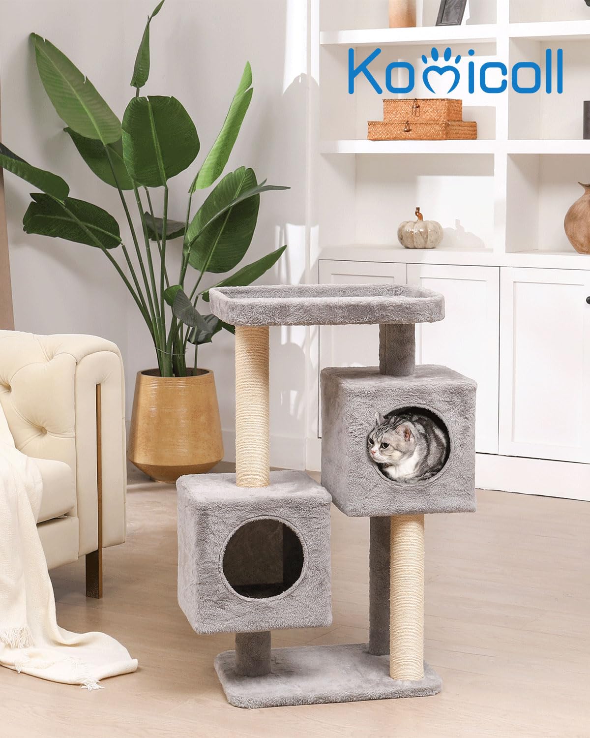 Cat Tree for Indoor Cats, Komicoll 36 Inch Tall Cat Tower with 2 Cat Condos and Large Plush Perch with Sisal Scratching Post,Pom poms Hanging Balls, Cat Climbing for Cats Indoor, Gray