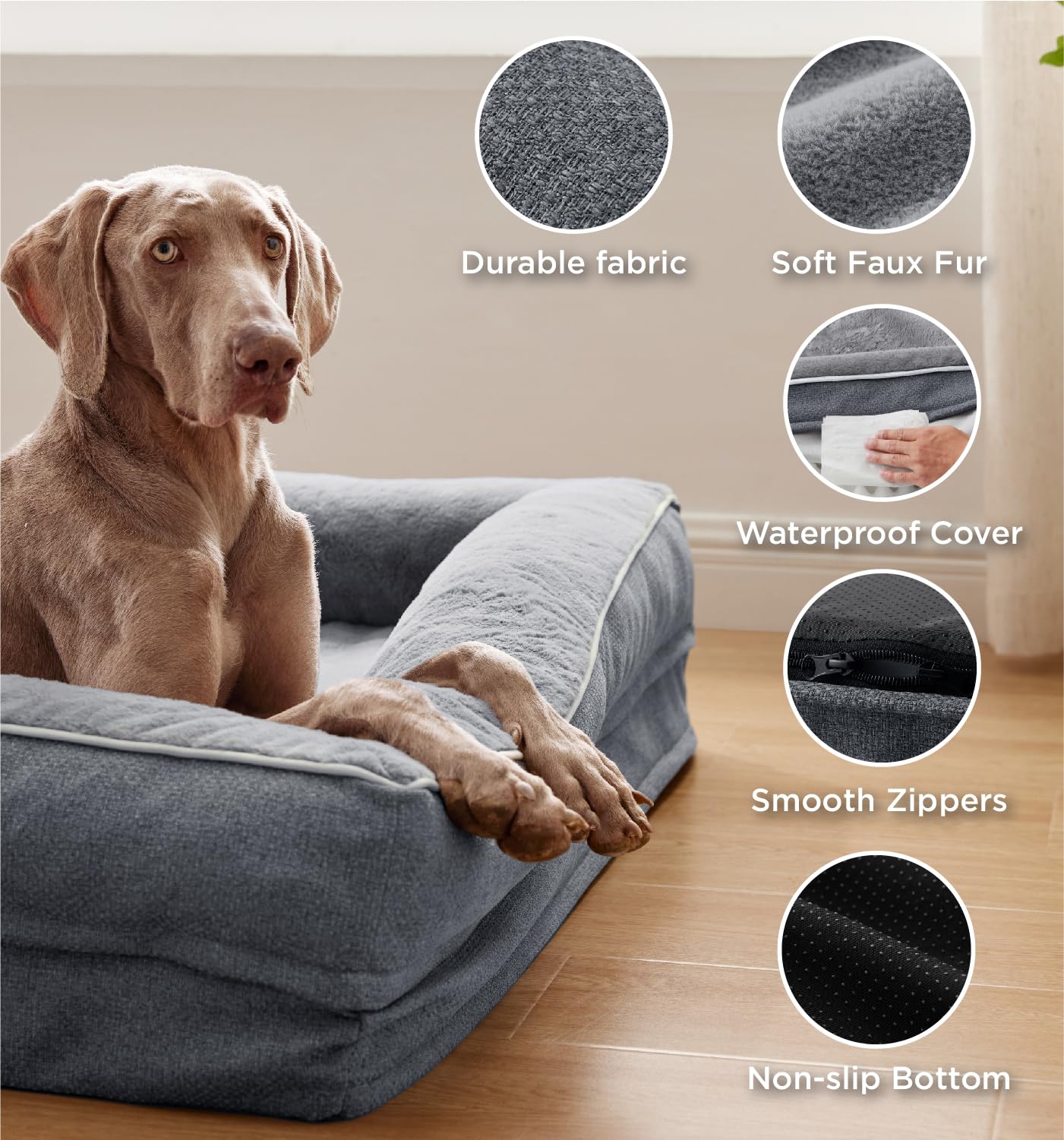 Made4Pets Large Dog Bed with Sides Memory Foam Orthopedic Dog Bed with Removable Washable Cover Dog Couch with Waterproof Liner Dog Sofa Non-Slip Bottom & Egg-Crate Foam, Grey