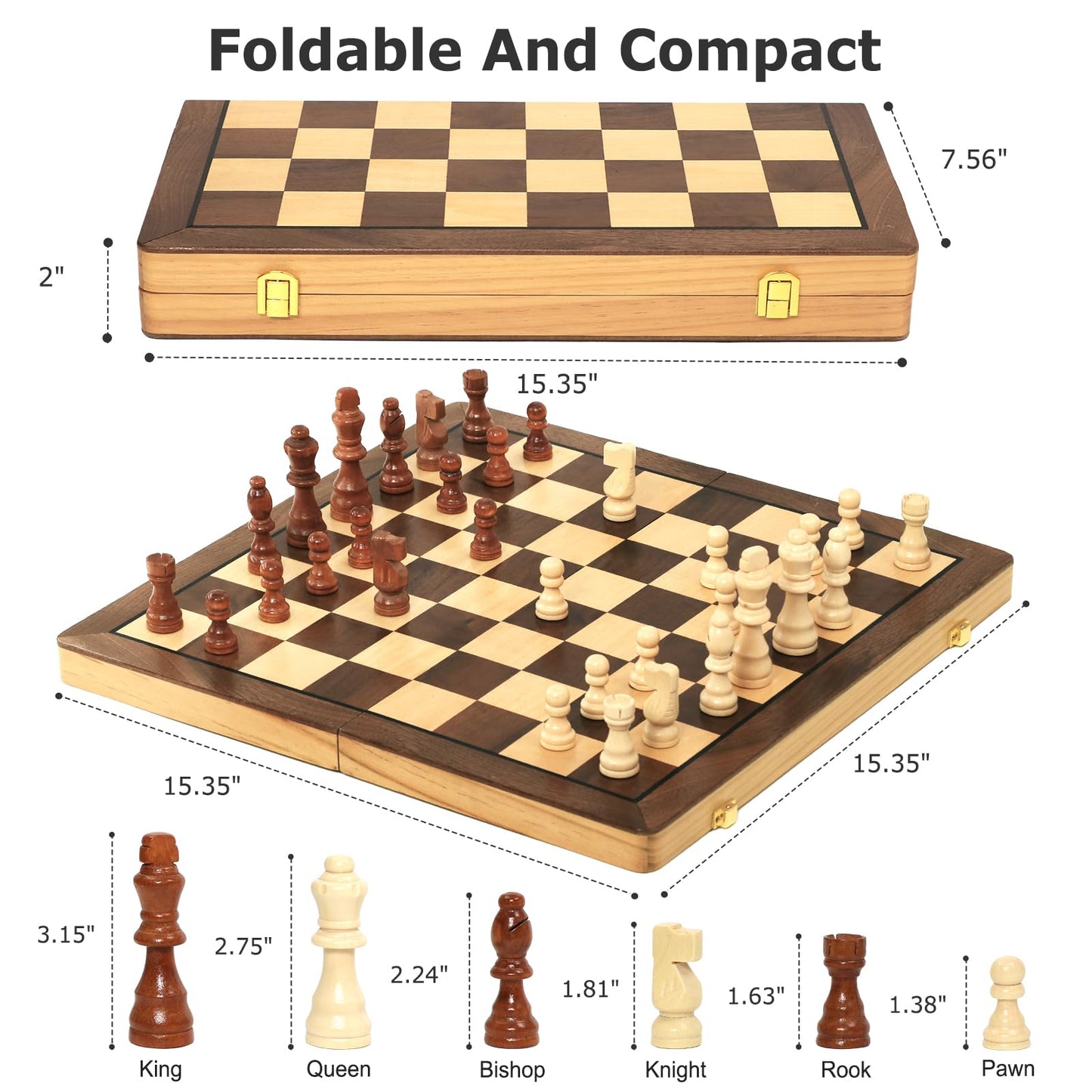 15.35 Inch Magnetic Wooden Chess Set, Exqline Large Chess Board Set with 2 Extra Queens, Handmade Portable Travel Folding Board Games, Beginner Tournament Chess Set for Kids and Adults