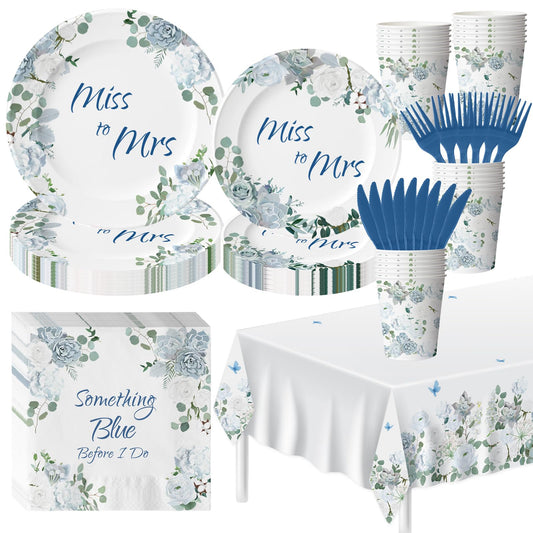 145 Pcs Something Blue Before I Do Bridal Shower Decorations Dusty Blue Floral Disposable Paper Plates and Napkins Tableware Set for 24 Guests, Miss to Mrs Decorations for Wedding Engagement Party