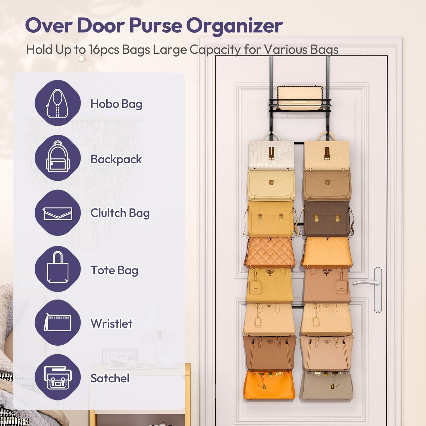 SWTYMIKI Over The Door Purse Organizer - Wall Mounted Handbag Organizer with 16 Hooks and Metal Basket, Hanging Purse Storage Rack Holds up to 16 Bags, Bag Rack Can Use As 1/2 Part, for Door, Closet
