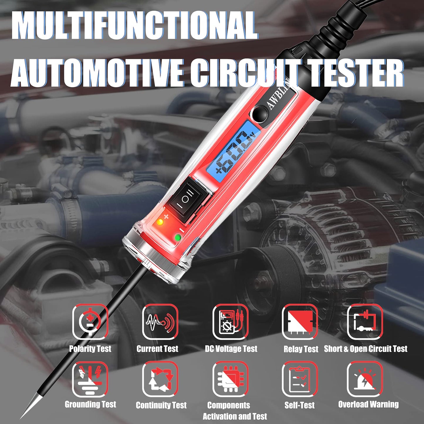AWBLIN Power Circuit Probe Tester, LCD Digital Automotive Test Light with Voltage Display&Illumination, Auto Short Circuit, AC DC Voltage Tester, Electrical System Tool,Relay Fuse Continuity Test.