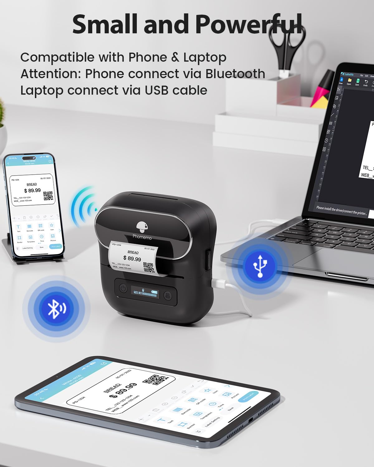 Phomemo M220 Label Makers, Bluetooth Label Printer, 3.14 Inch Portable Thermal Label Maker Machine for Barcode, Labeling, Organizing, Small Business, Compatible with iOS & Android, with 3 Roll Labels