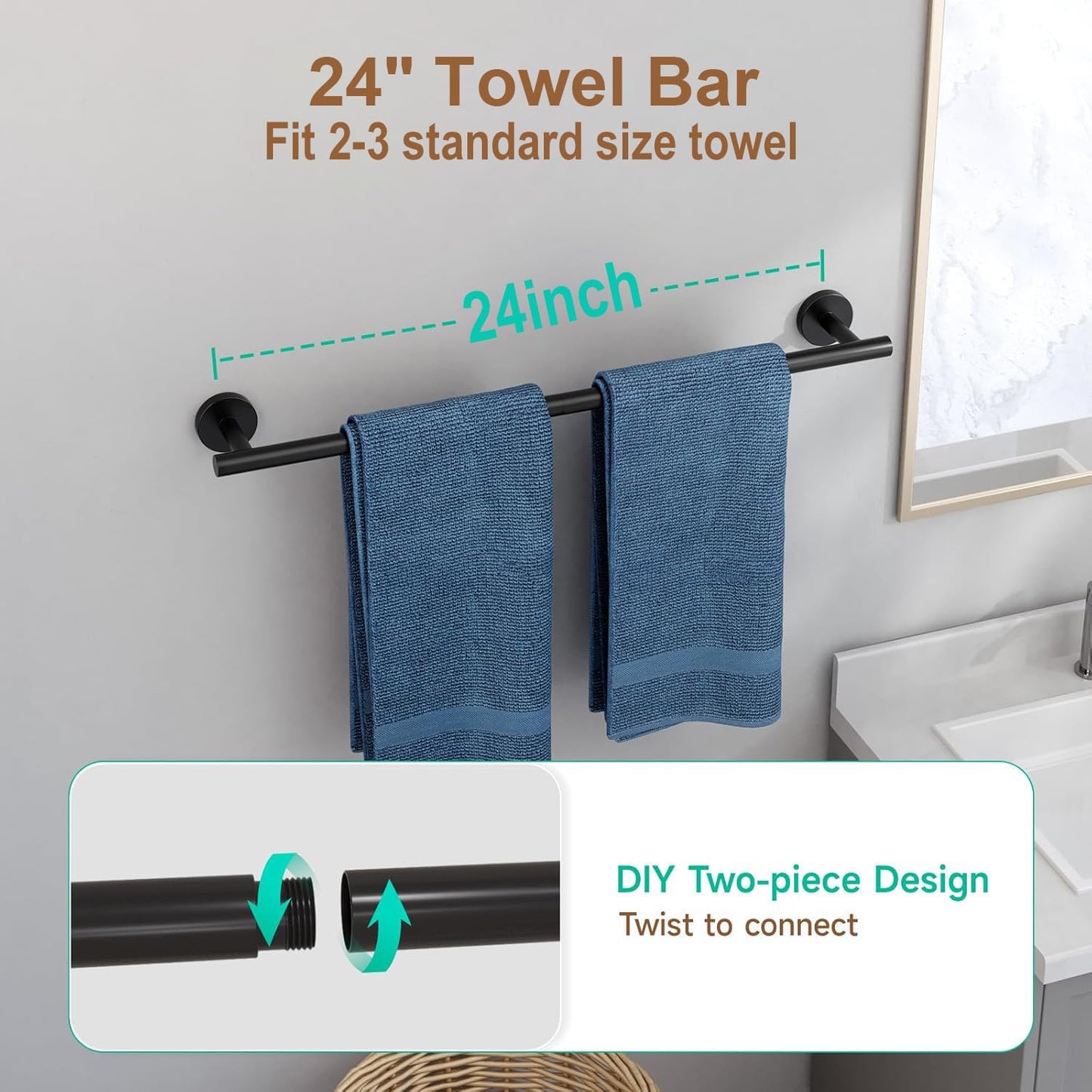 7- Piece Bathroom Accessories Set, Black Towel Rack Towel Holder Towel Bar, Towel Racks for Bathroom SUS304 Stainless Steel, Towel Holder Towel Rack Wall Mounted Black 24INCH