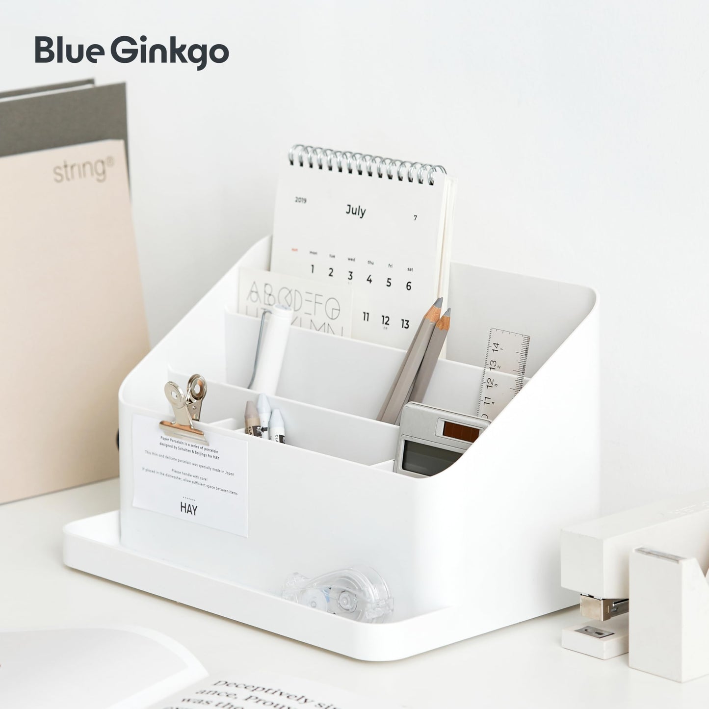 Blue Ginkgo Desk Organizer – Korean-Made Office Storage for Pens, Notes, Mail, and Supplies (White)