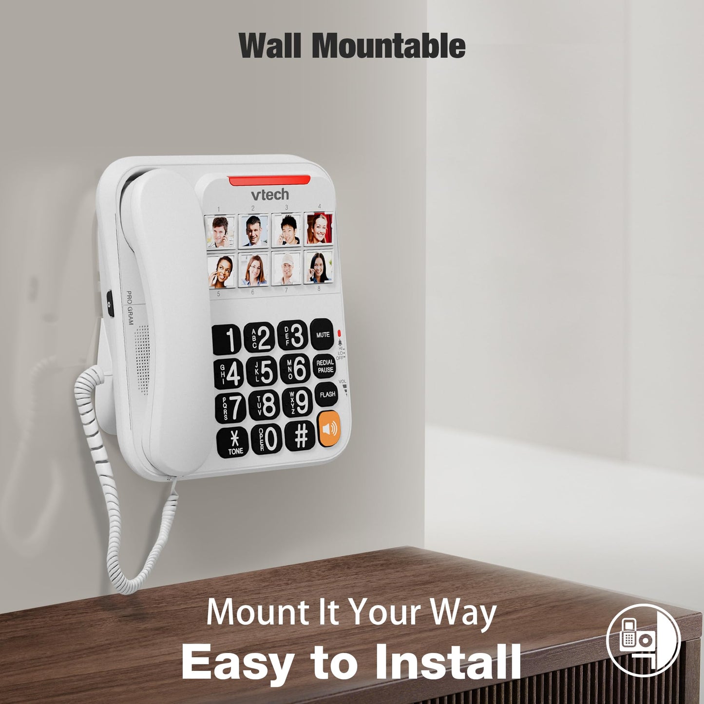 VTech Corded Phone with Oversized High-Contrast Buttons, 8 Photo Speed Dial, Large Buttons, Talking Digits for Seniors, Visual Ringer, Full-Duplex, Earpiece and Speakerphone Volume Control | SN1117