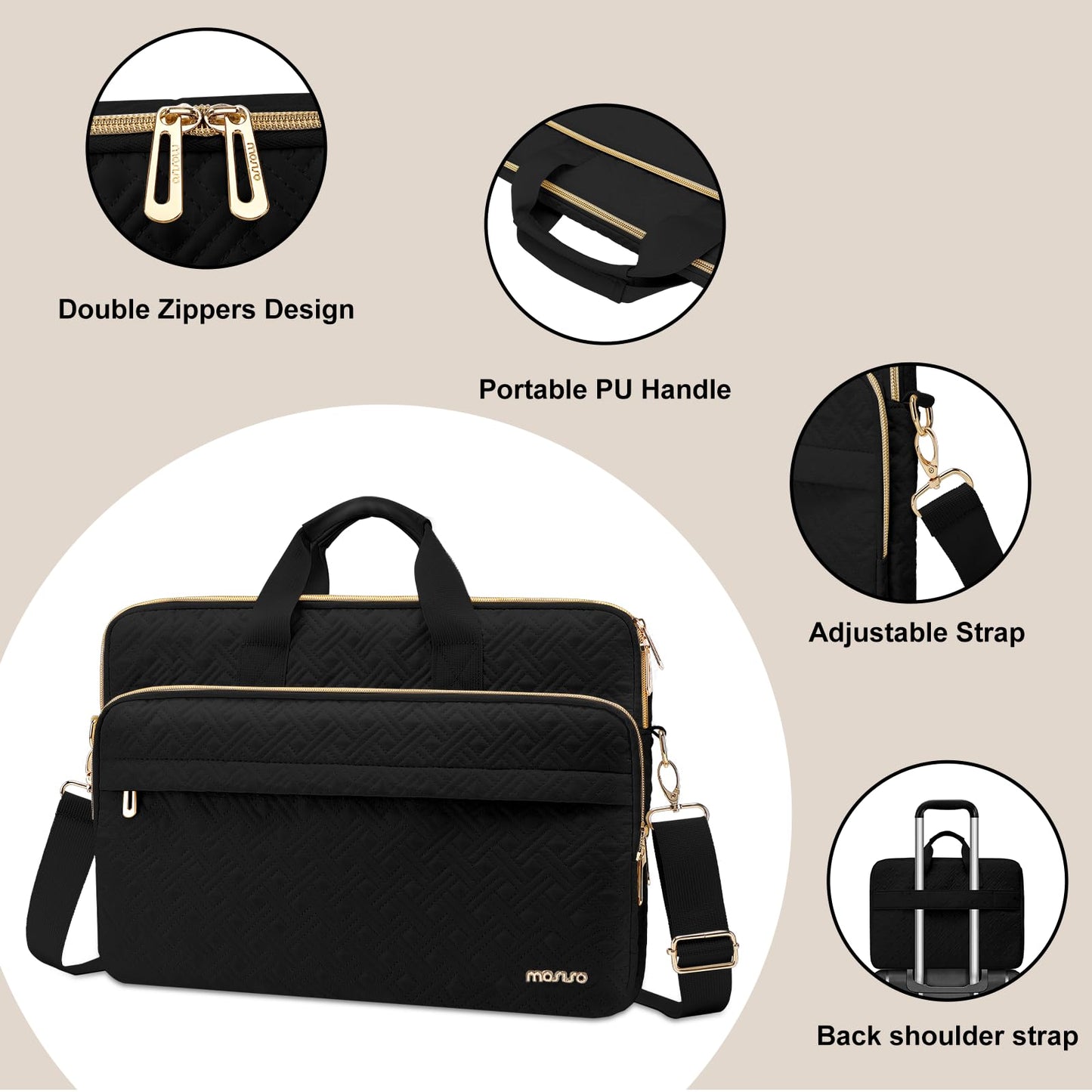 MOSISO Laptop Bag for Women 15.6 inch, 15-16 inch Double Line Rhombus Quilted Laptop Messenger Bag for Office Work Business with 2 Front Pockets, Black