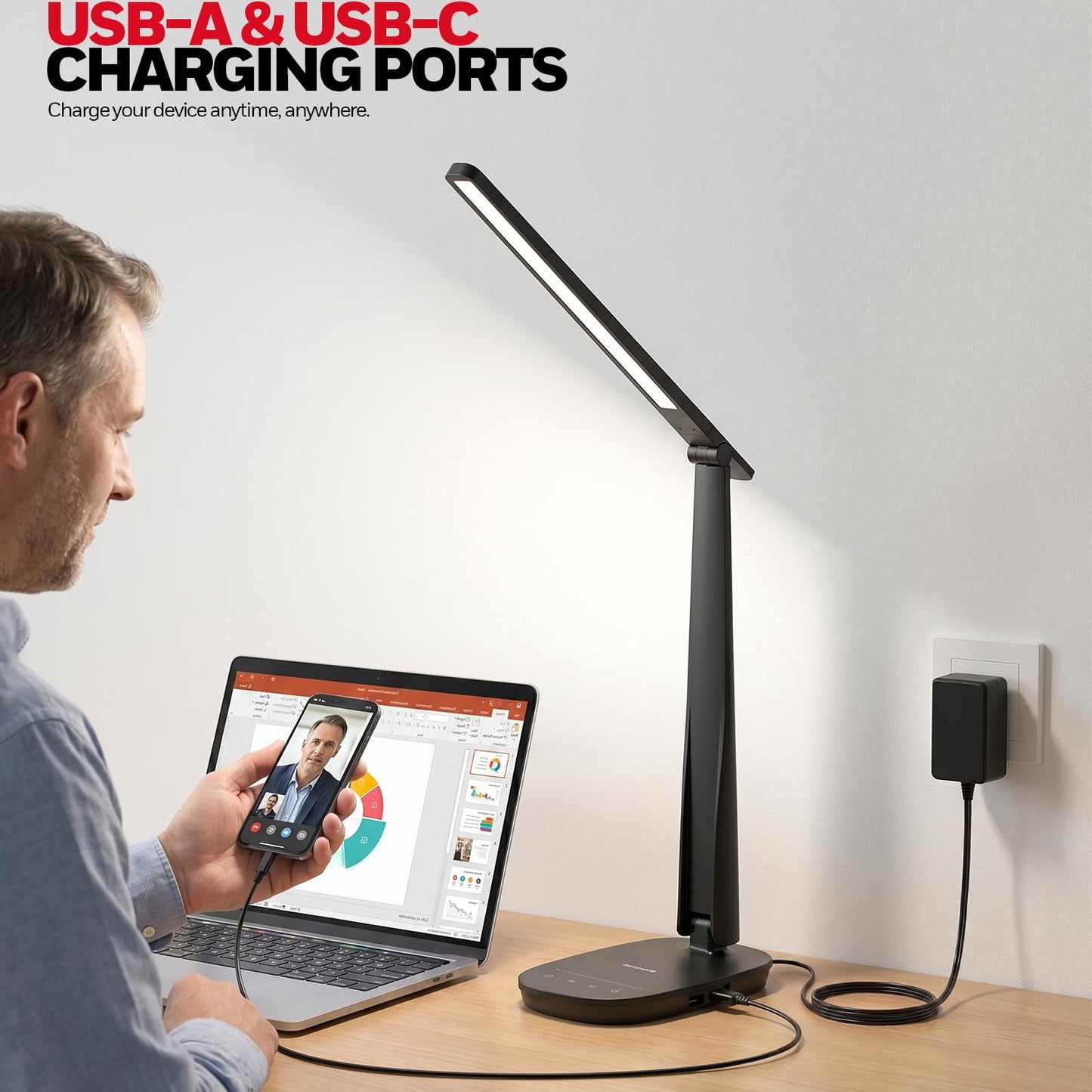 Honeywell LED Desk Lamp for Home Office, Dimmable Desk Light with USB A+C Dual Charging, 4 Modes Brightness Touch Lamp with Timer, Eye Caring Foldable Reading Light, Table Lamp for Study Nightstand