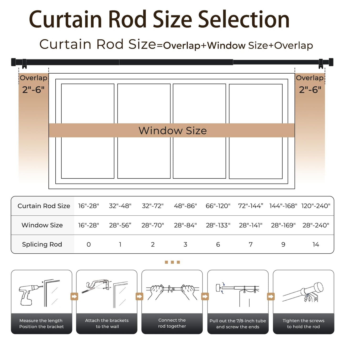 Zeerobee Curtain Rods for Windows 32 to 168, 1 Inch Black Heavy Duty Drapery Rods with Adjustable Length, Outdoor Modern Curtain Pole with Simple End Caps, 32"-168", Black