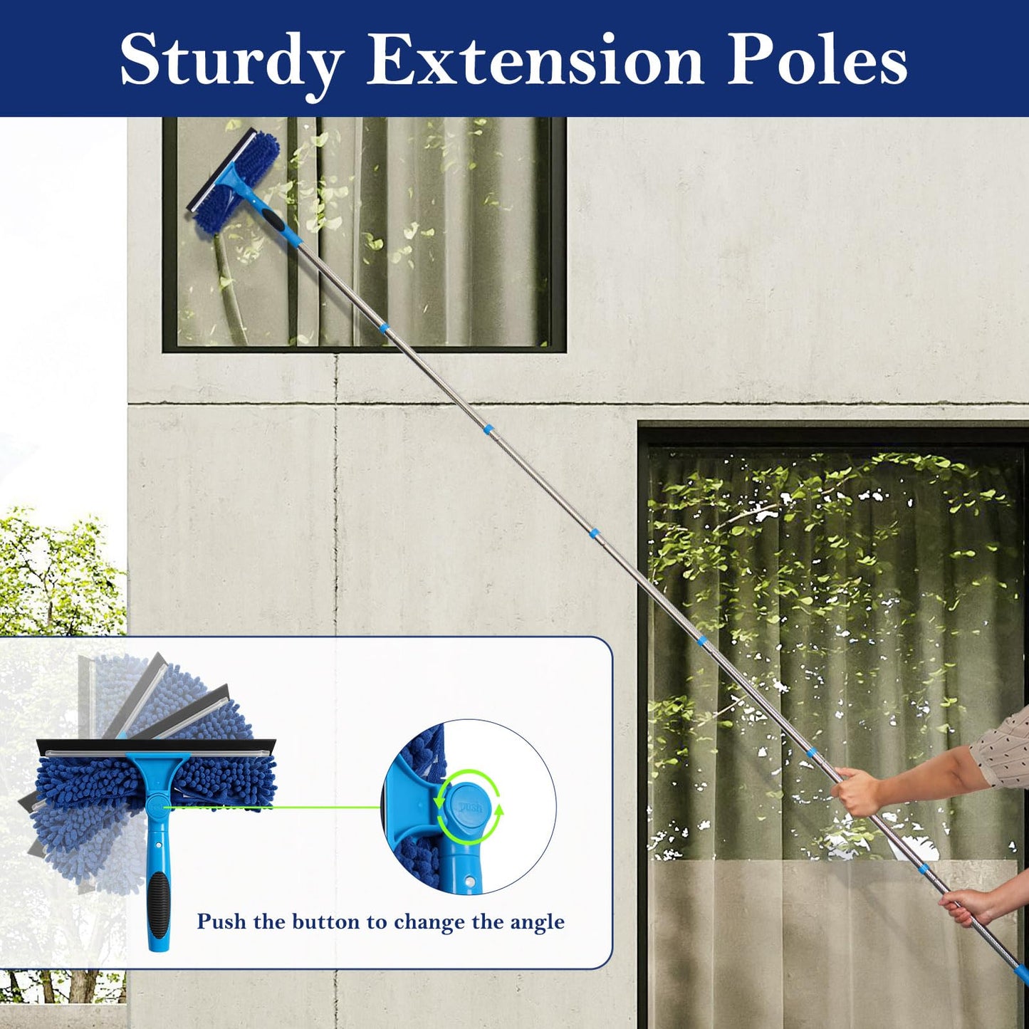 Terafeels 110.23in / 280cm Window Cleaning Tools, Window Squeegee: 2 in 1 Double-Sided Professional Cleaner Window Washing Kit with Extension Pole (Dark Blue)
