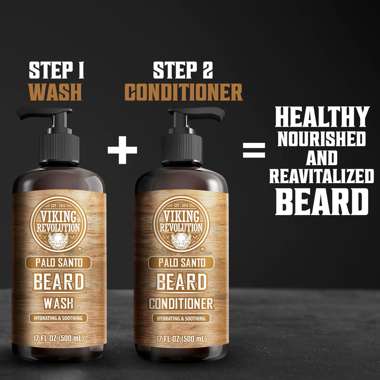 Viking Revolution - Beard Wash & Beard Conditioner Set With Argan & Jojoba Oil - Softens & Strengthens - Beard Shampoo & Conditioner - Palo Santo - 500 ml x 2