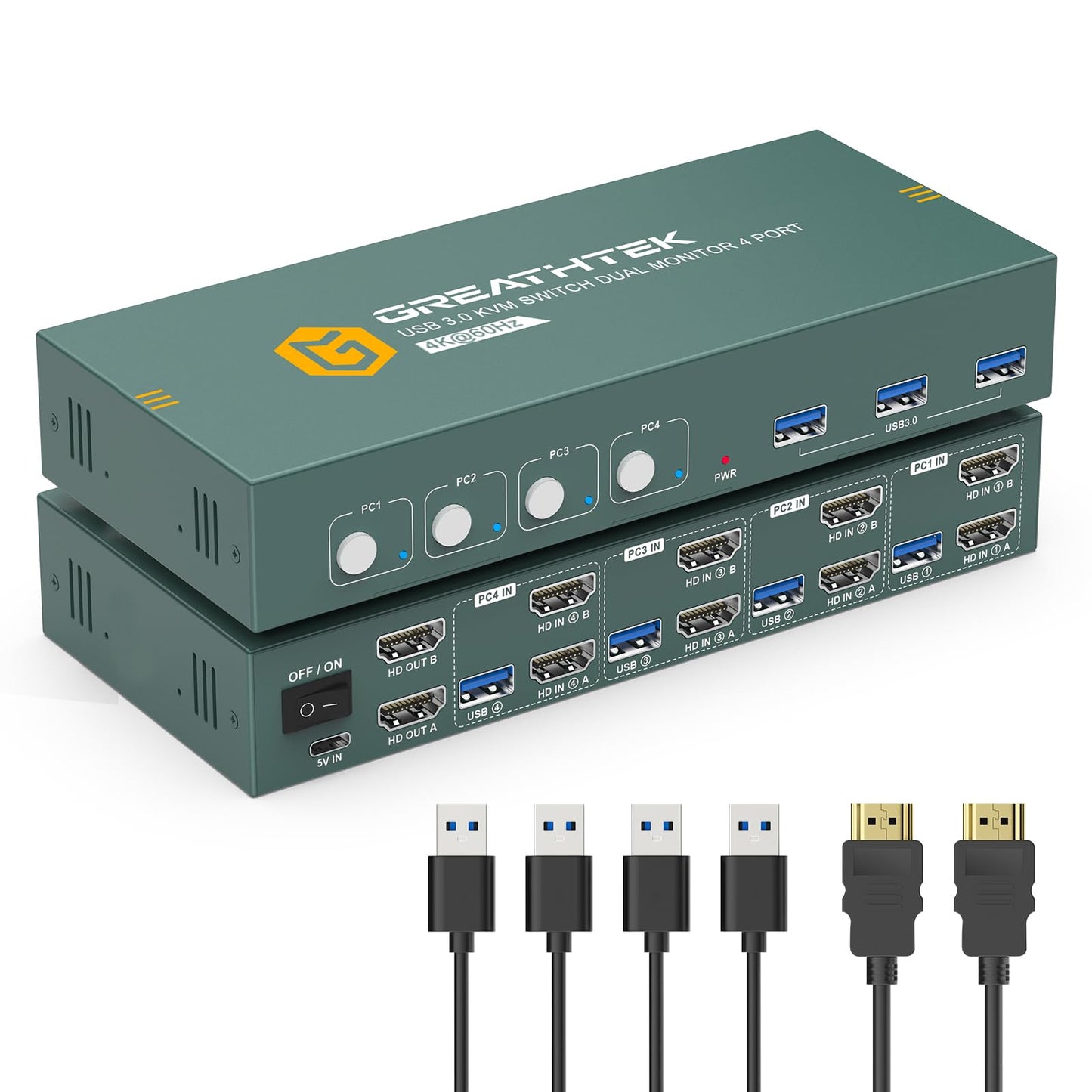 4K@60Hz HDMI KVM Switch 4 Computers 2 Monitors USB3.0, 4 Ports KVM Switch Dual Monitor with 3 USB3.0 Ports Sharing Keyboard and Mouse, Printer/Scanner, Desktop Controller