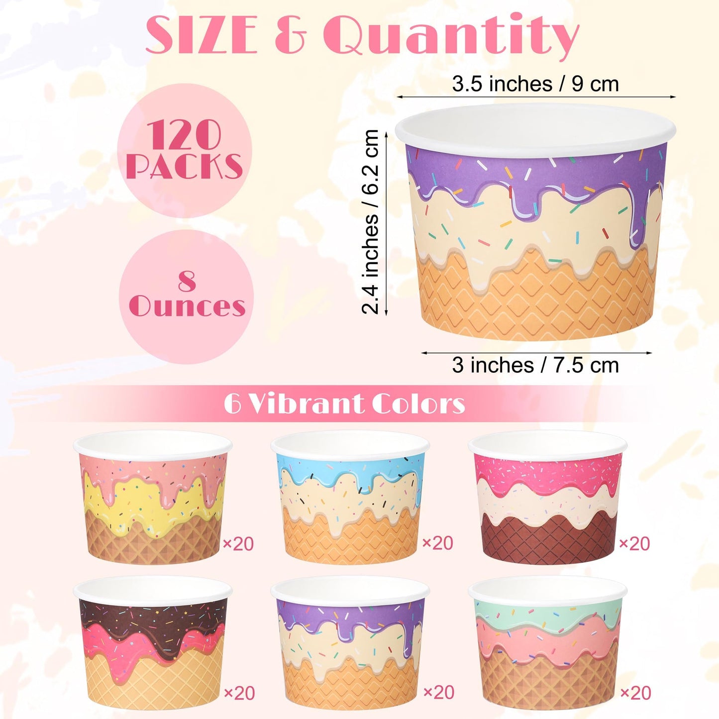 Kochorie 120 Pieces Paper Ice Cream Cups 8 Ounces Disposable Dessert Bowls Ice Cream Containers Sundae Bowls Party Supplies Treat Cups for Hot and Cold Sundae Soup Frozen Yogurt, 6 Designs
