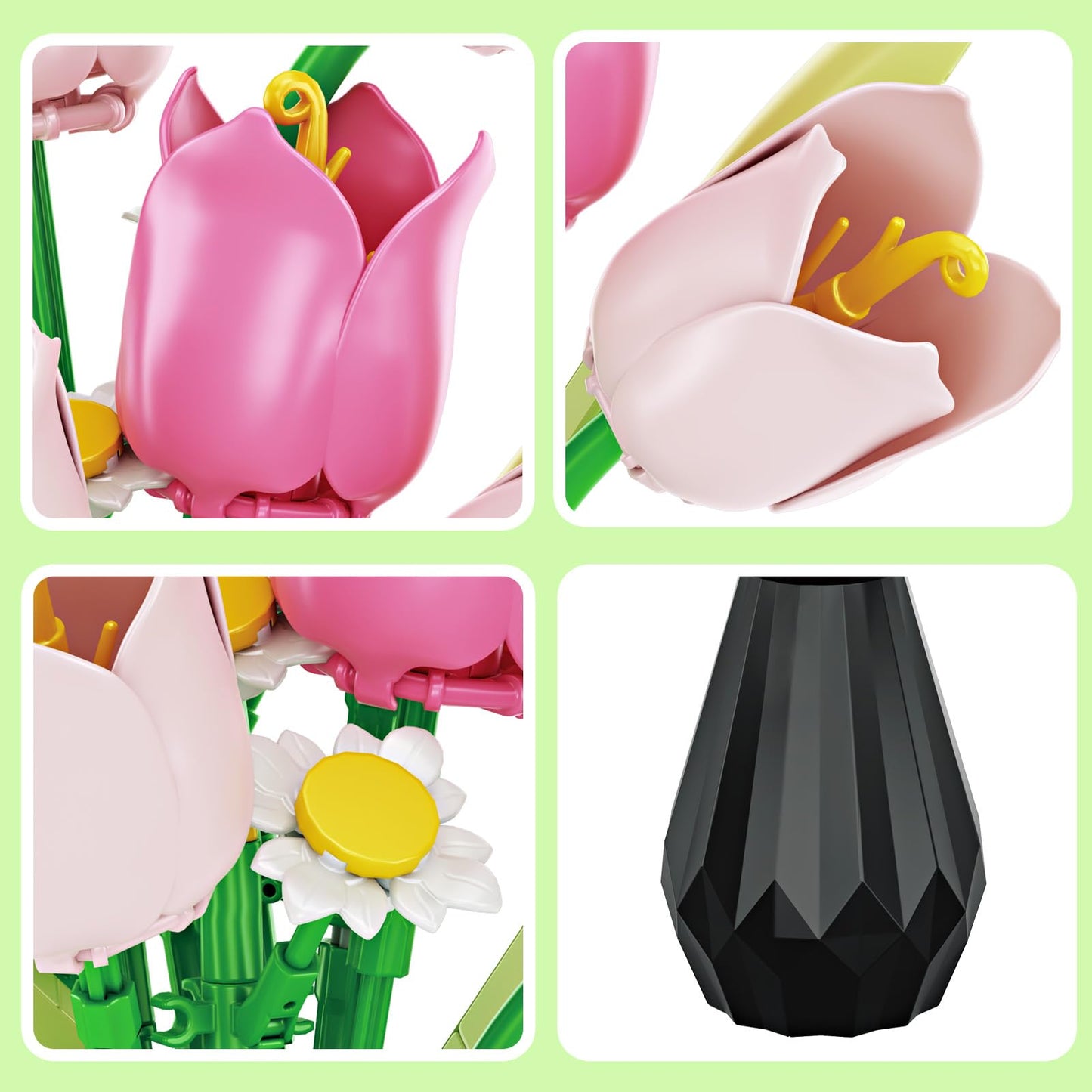 Flower Bouquet Building Sets, Tulips Botanical Collection, DIY Artificial Flower with vase for Adults Women Girl Kids, Pink Chrismas Home Decor Gifts for Mother's Day, Birthday, Easter(223 pcs)