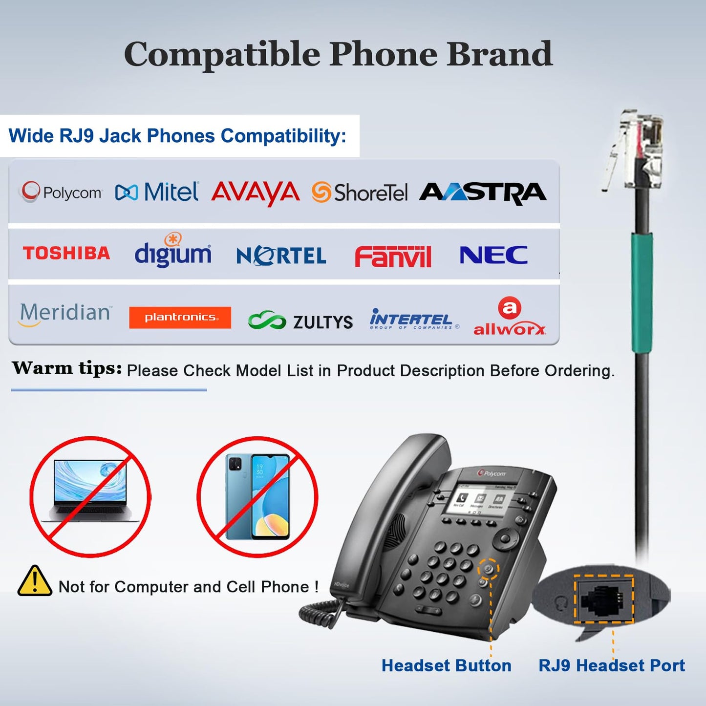 Callez RJ9 Telephone Headset Dual for Polycom Phone with Noise Cancelling Mic & Corded Office Phone Headset Compatible Polycom Avaya Plantronics ShoreTel Toshiba Digium Nortel Landline Phones