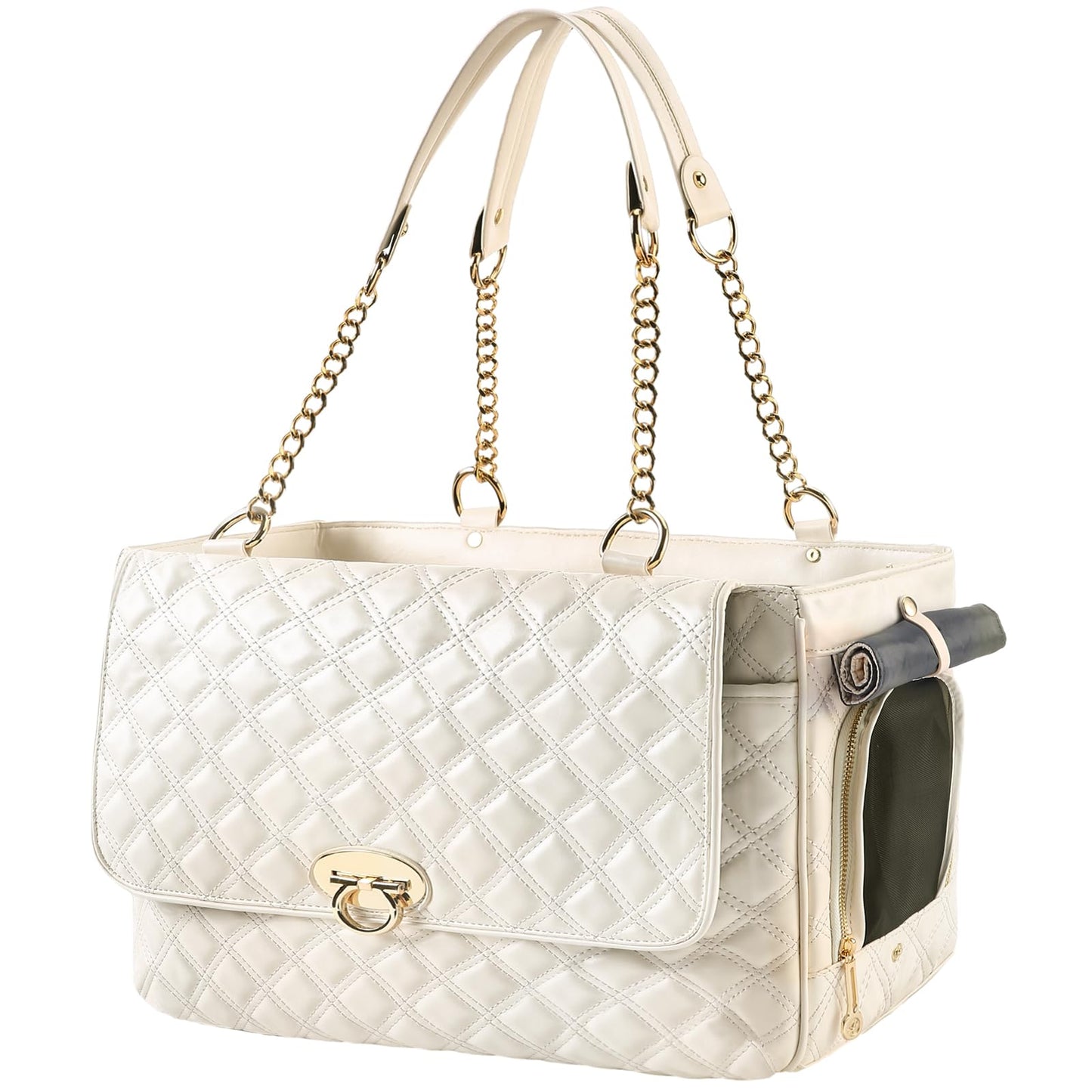 NewEle Fashion Dog Purse for Small Dogs with 2 Super-Large Pockets, Holds Up to 10lbs PU Leather Pet Carrier, Cat Carrier, Airline Approved Puppy Purse for Travel (White, Small Size)
