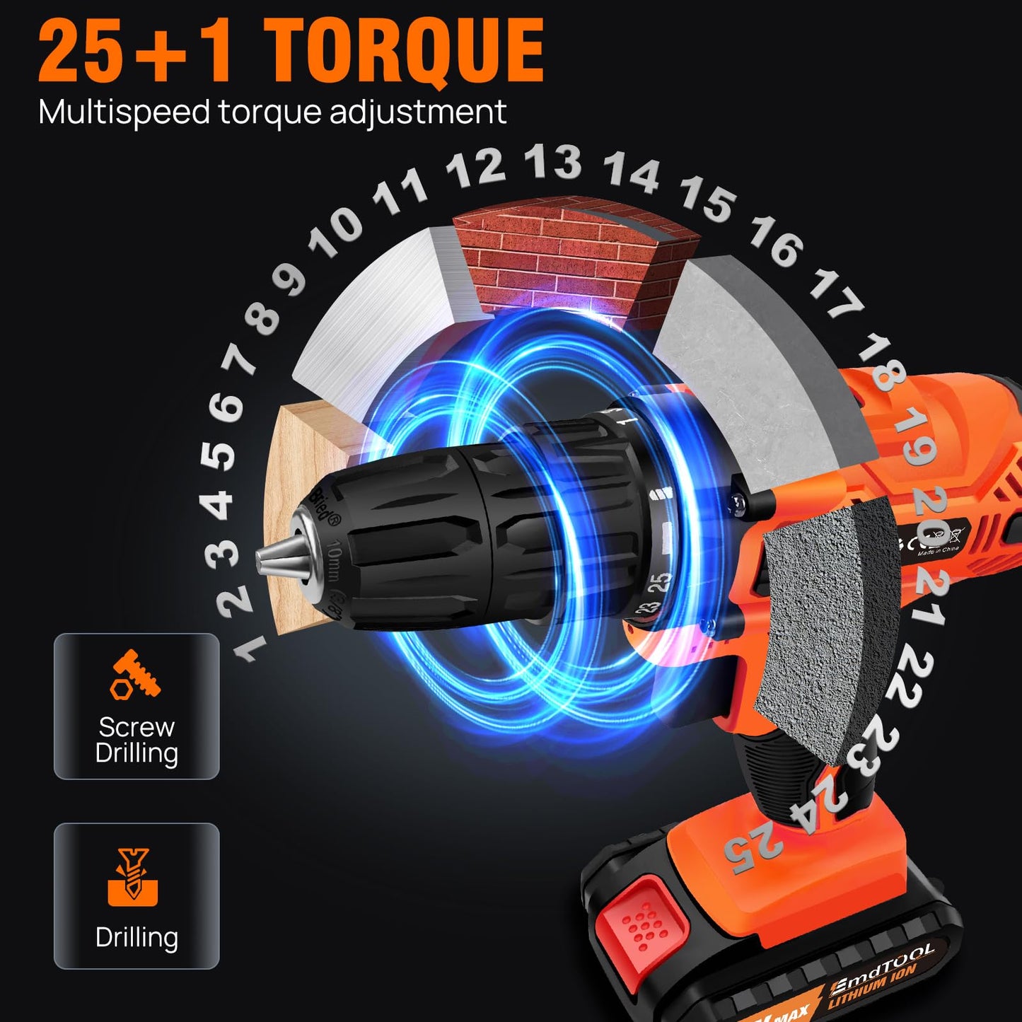 21V Cordless Power Drill with Two Batteries,Electric Screwdriver Drill Set, 2 Variable Speed,25+1 Torque Setting,29PCS Accessories,LED Work Light for Home and Garden DIY Project Kit(45Nm/Orange)