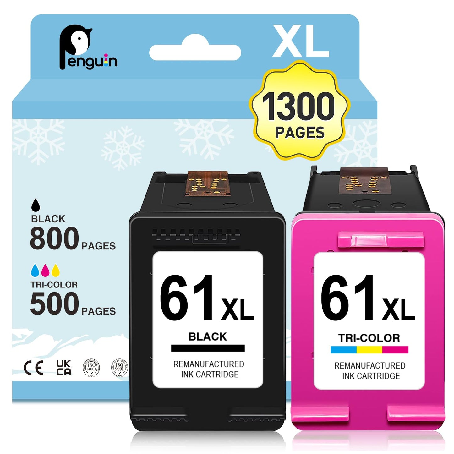 Penguin 61XL Ink Cartridges for HP Deskjet 1010 Ink 2542 2540 2512 1050 1000 Envy 4500 5530 4501 4502 5531 Officejet 2620 2621 4630 4632 Printer Remanufactured hp 61 XL Ink hp61 1Black 1Color