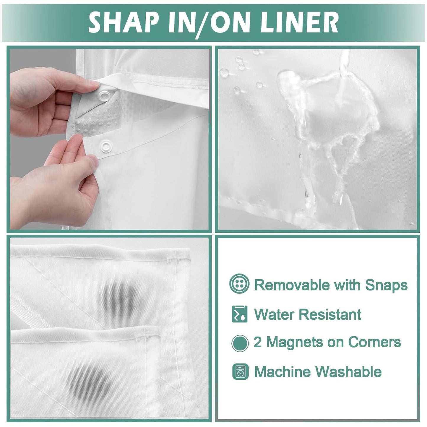 Shellspace No Hook 3 in 1 Shower Curtain with Snap in Liner, Teal and White Daisy Shower Curtain Set with See Through Top Window, Machine Washable Waterproof Polyester Fabric Bath Curtain, 71 x 74 in