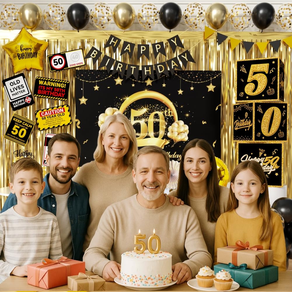 50th Birthday Party Decorations 50 Years Old Party Supplies Set for Men Women with Balloons Garland, 50th Backdrop, Birthday Banner, Foil Balloons and Curtains 100 pack