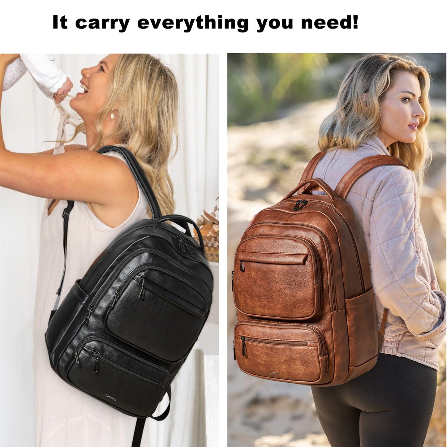 LATMAP 43L Backpack Purse For Women Leather Shoulder Diaper Bookbag Tote 17 16 15.6 Inch Laptop Bag Handbags For Travel Work College Large Black