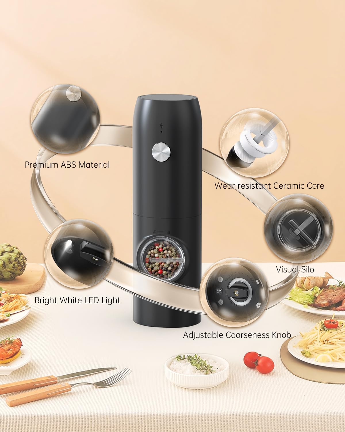 CIRCLE JOY Electric Salt and Pepper Grinder Set, USB Rechargeable Pepper Mills with Ceramic Grind and Adjustable Coarseness, Automatic Grinder for Home, Kitchen, Black White