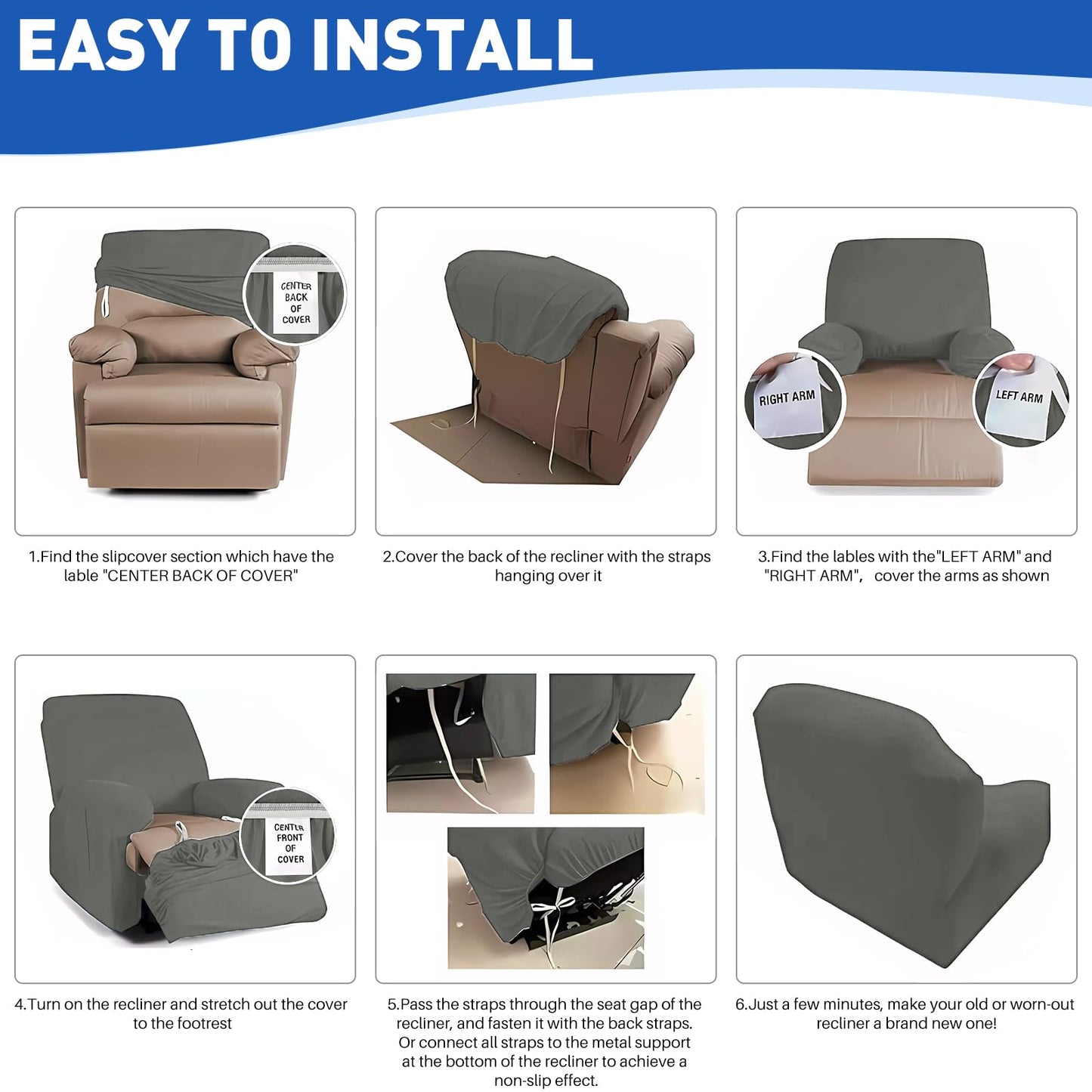 MAXIJIN Velvet 4 Piece Recliner Chair Covers Stretch Plush Sofa Slipcover Recliner Cover Thick Soft Reclining Protector with Side Pocket (1 Seat, Gray)