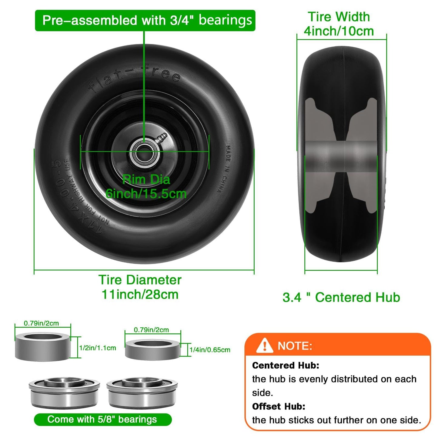 11x4.00-5" Lawn Mower Tire on Wheel Flat Free 2 PCS, 3/4" or 5/8" Bearing, Solid Mower Wheel for Residential and Commercial 3.4"-5" Centered Hub, Zero Turn Mower Front Tires