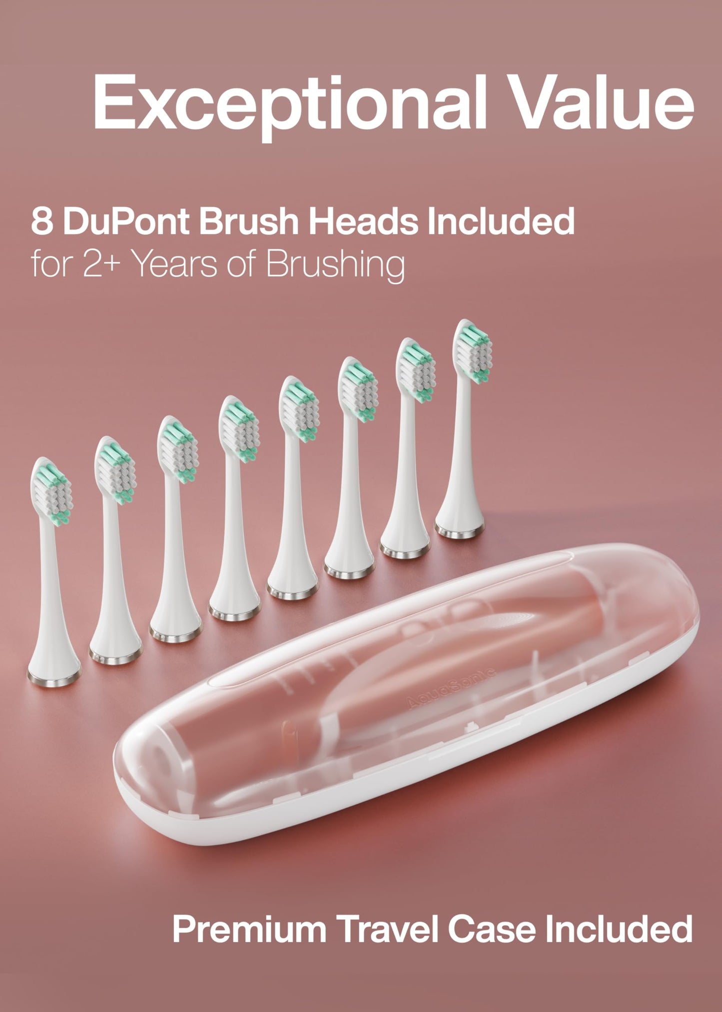 AquaSonic Vibe Series Ultra Whitening Toothbrush – ADA Accepted Power Toothbrush - 8 Brush Heads & Travel Case – 40,000 VPM Motor & Wireless Charging - 4 Modes w Smart Timer – Satin Rose Gold