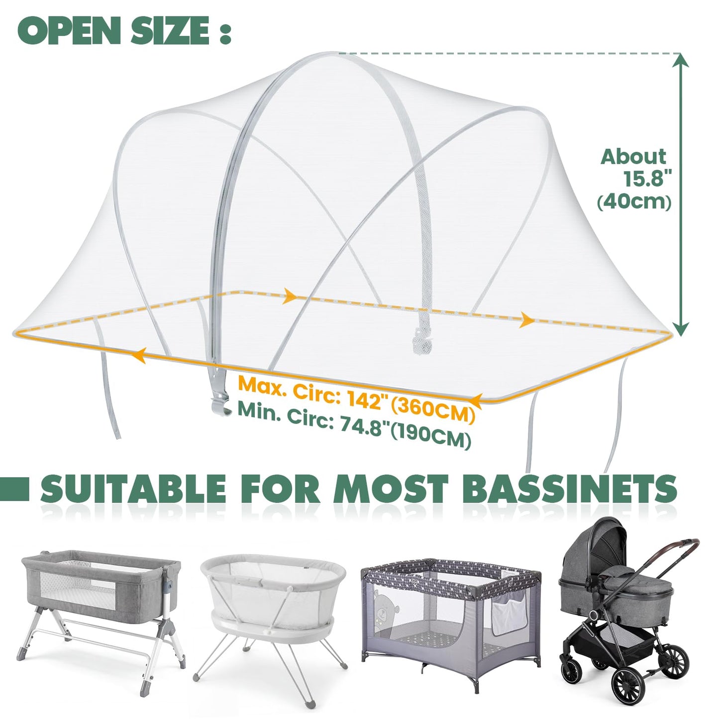 Orzbow Bassinet Cover for Cats - Breathable Mosquito Net Cover for Cradles/Travel Cribs/Mini Cribs, Baby Mosquito Net to Keep Pets Out, Baby Bassinet Accessories, Two-Way Self-Locking Zippers, White
