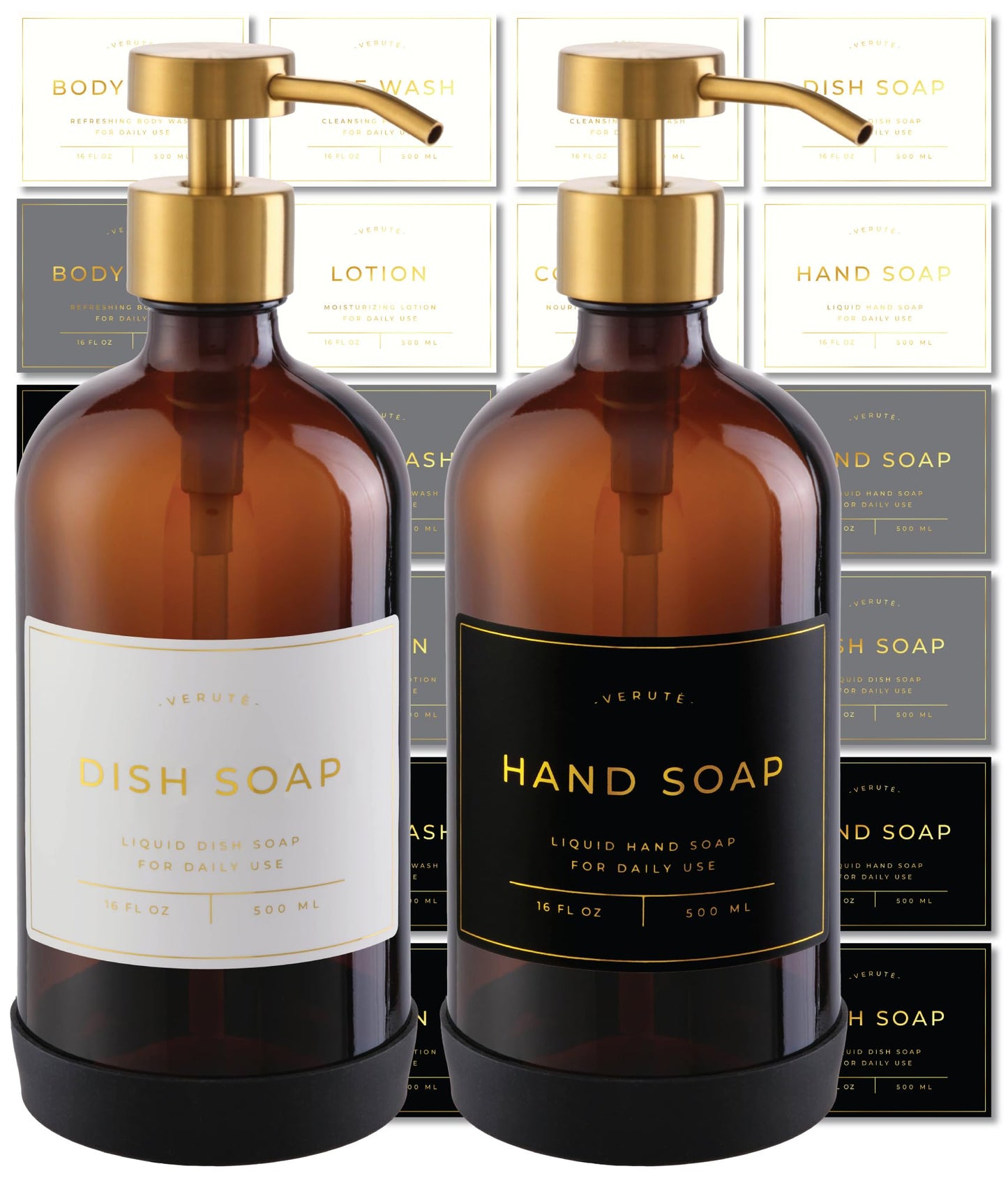 Verute 500ml Glass Soap Dispenser with Stainless Steel Pump, 21 Waterproof Labels, Non-Slip Protective Silicone Pad, Set of 2 for Bathroom & Kitchen (Amber Bottle/Brushed Gold Pump)
