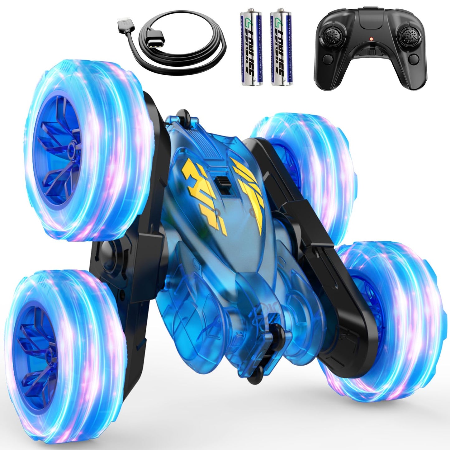 Remote Control Cars,Stunt RC Car Toy for Kids Ages 6-12,Fast USB-C Easy Charging,4WD Rechargeable RC Truck with Colorful Lights,2.4GHz Double-Sided 360° Rotating Birthday Gifts for Boys Girls(Blue)